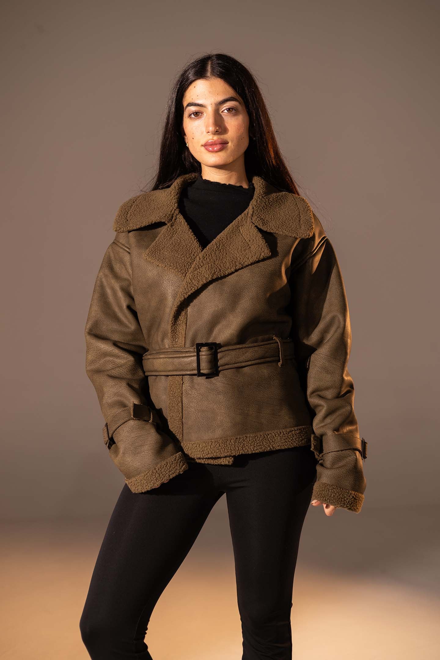 Olive Faux Leather Jacket with Belted Waist