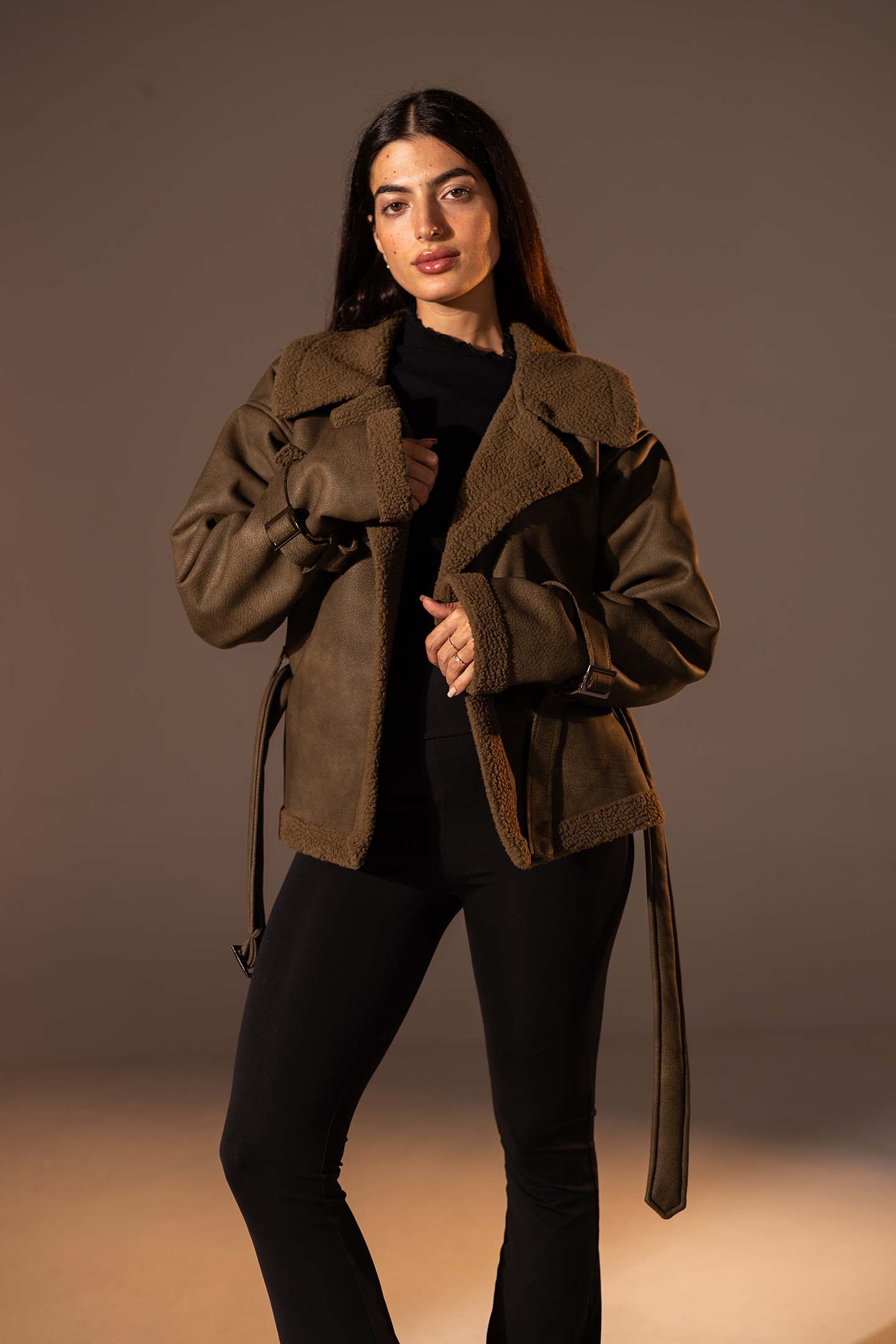 Olive Faux Leather Jacket with Belted Waist