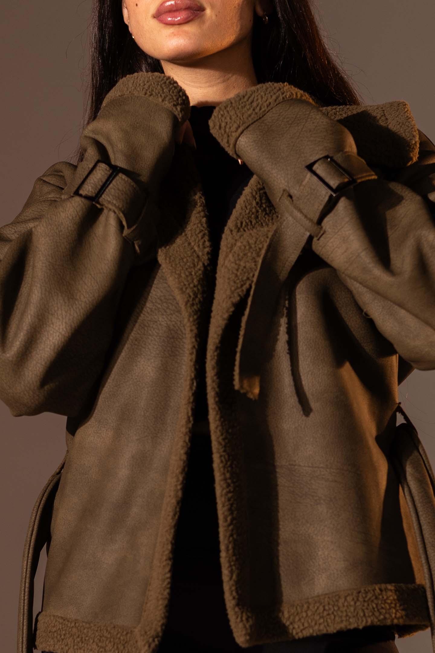 Olive Faux Leather Jacket with Belted Waist
