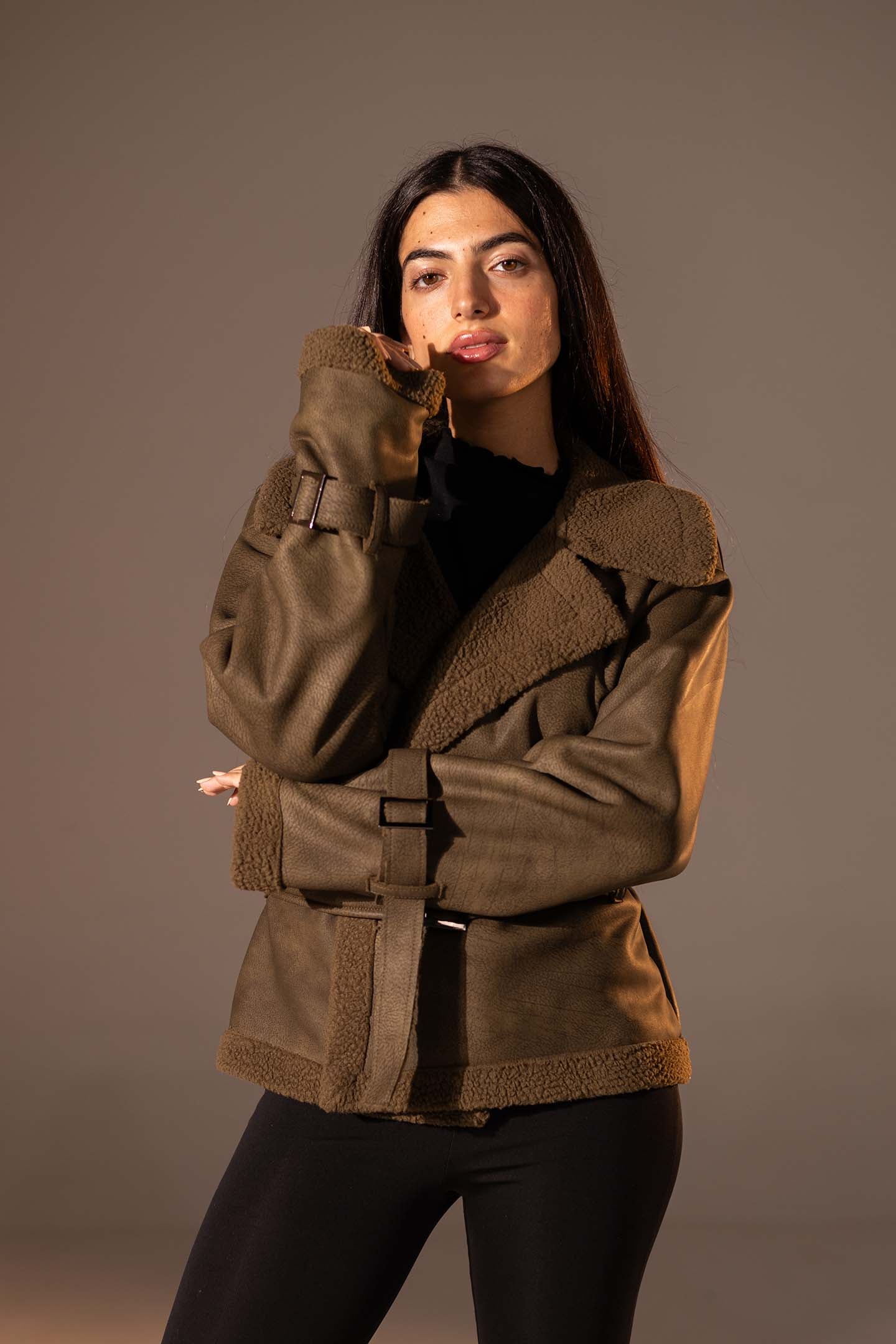 Olive Faux Leather Jacket with Belted Waist