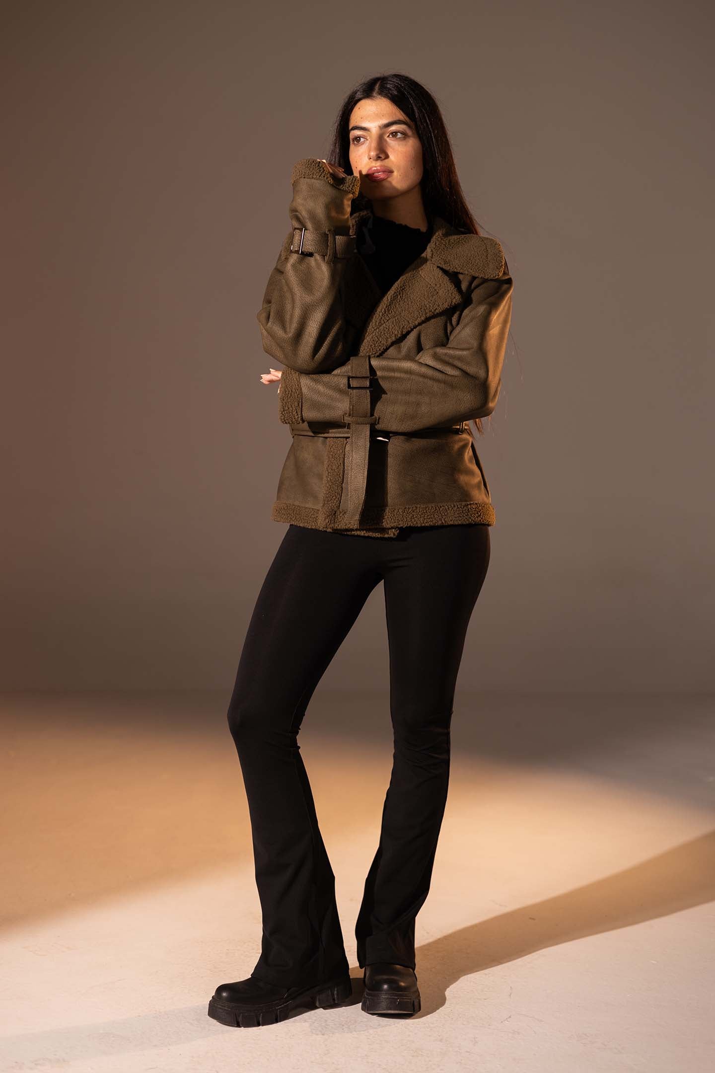 Olive Faux Leather Jacket with Belted Waist