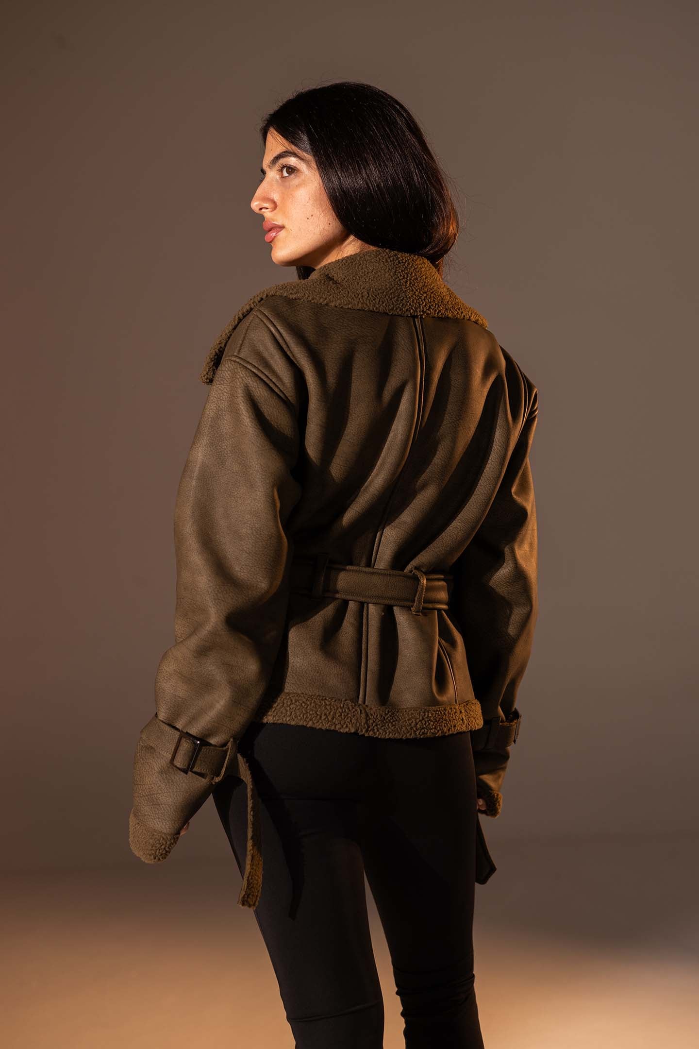 Olive Faux Leather Jacket with Belted Waist