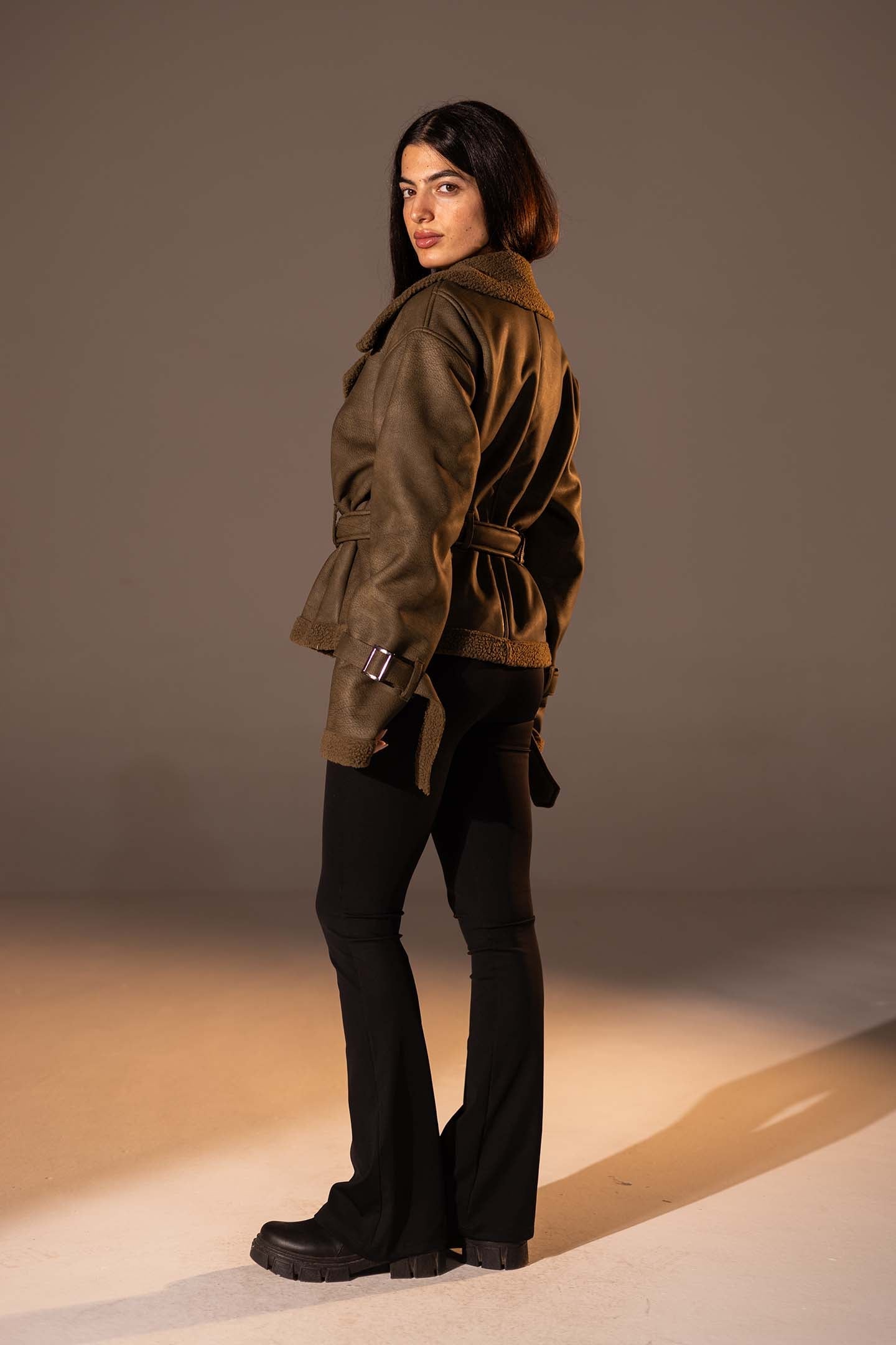 Olive Faux Leather Jacket with Belted Waist