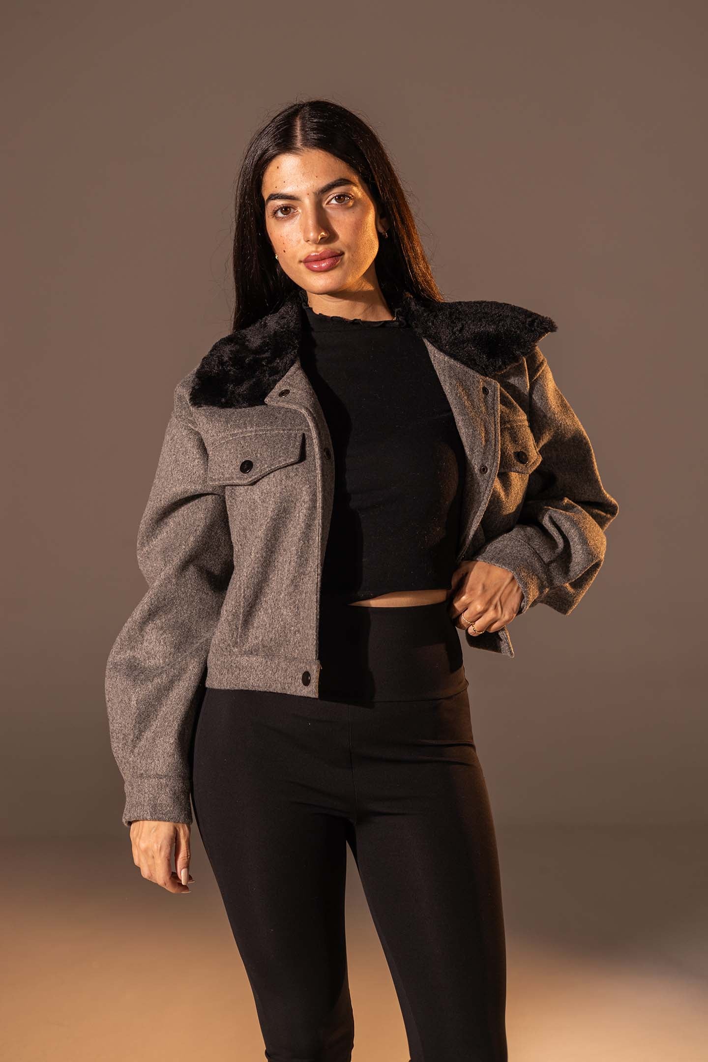 Grey Cropped Gough-Blend Jacket