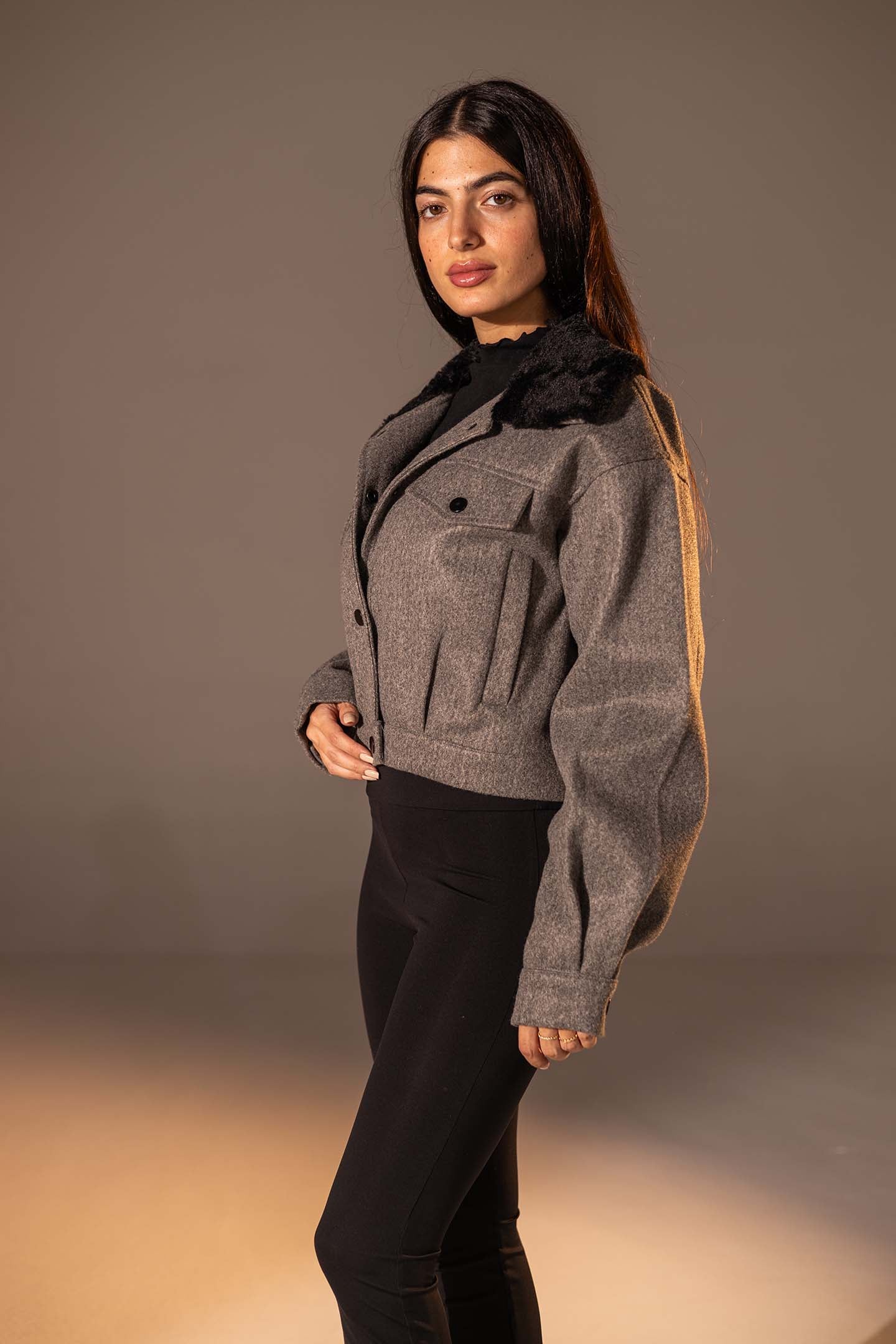 Grey Cropped Gough-Blend Jacket