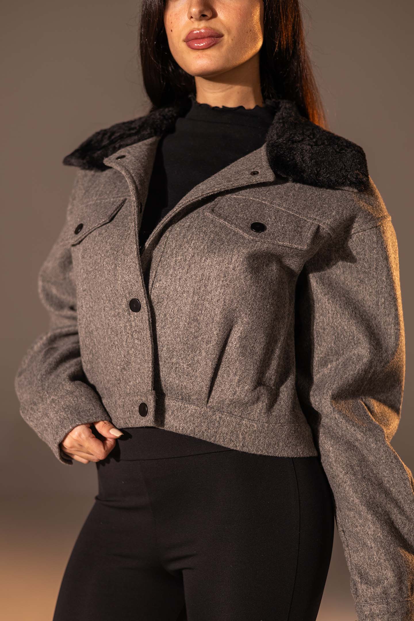 Grey Cropped Gough-Blend Jacket