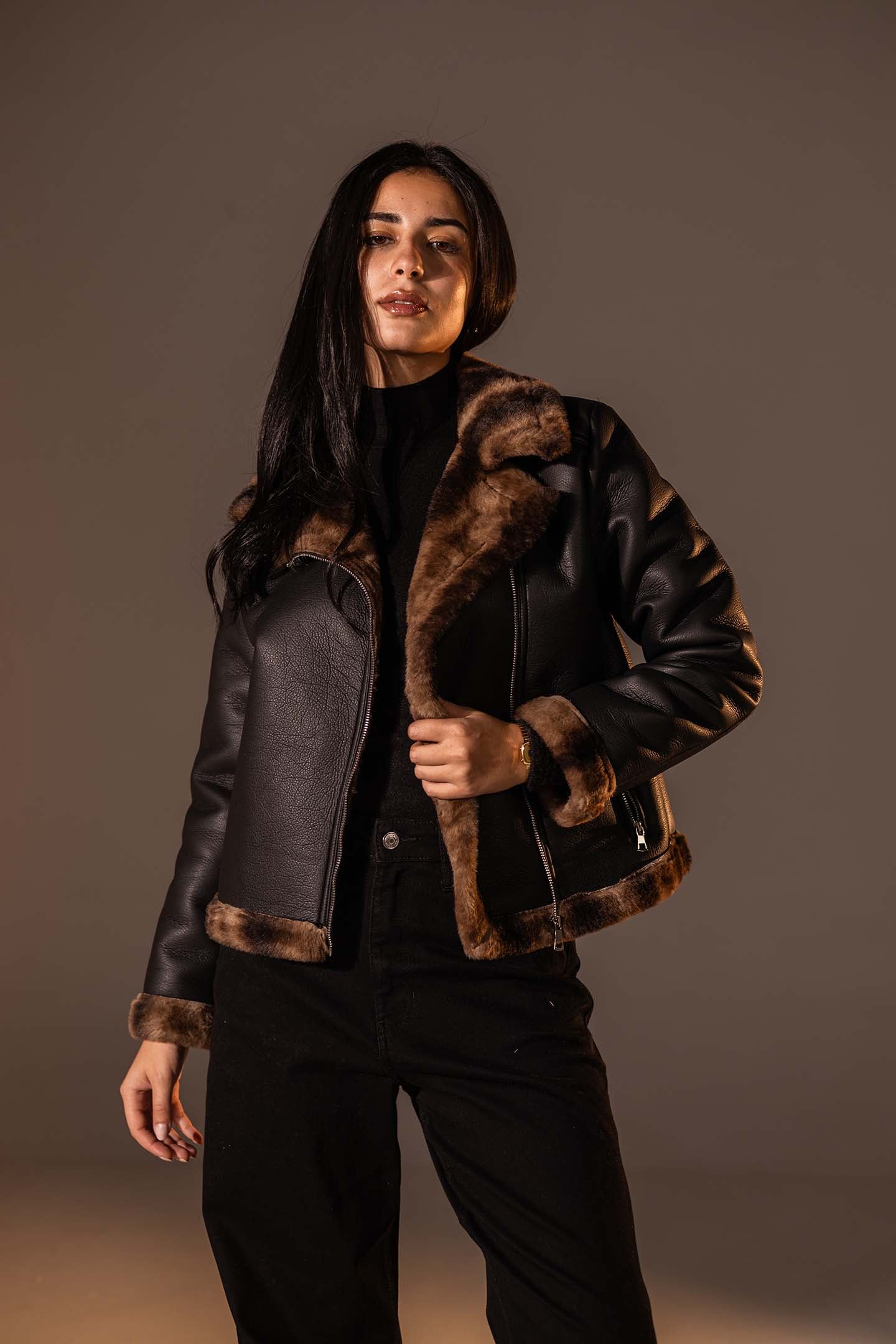 Black Biker Jacket with Leopard Collar & Cuffs