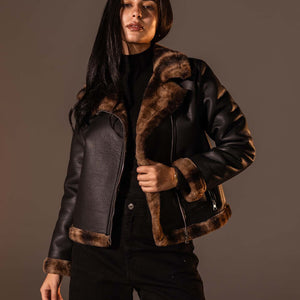 Black Biker Jacket with Leopard Collar & Cuffs