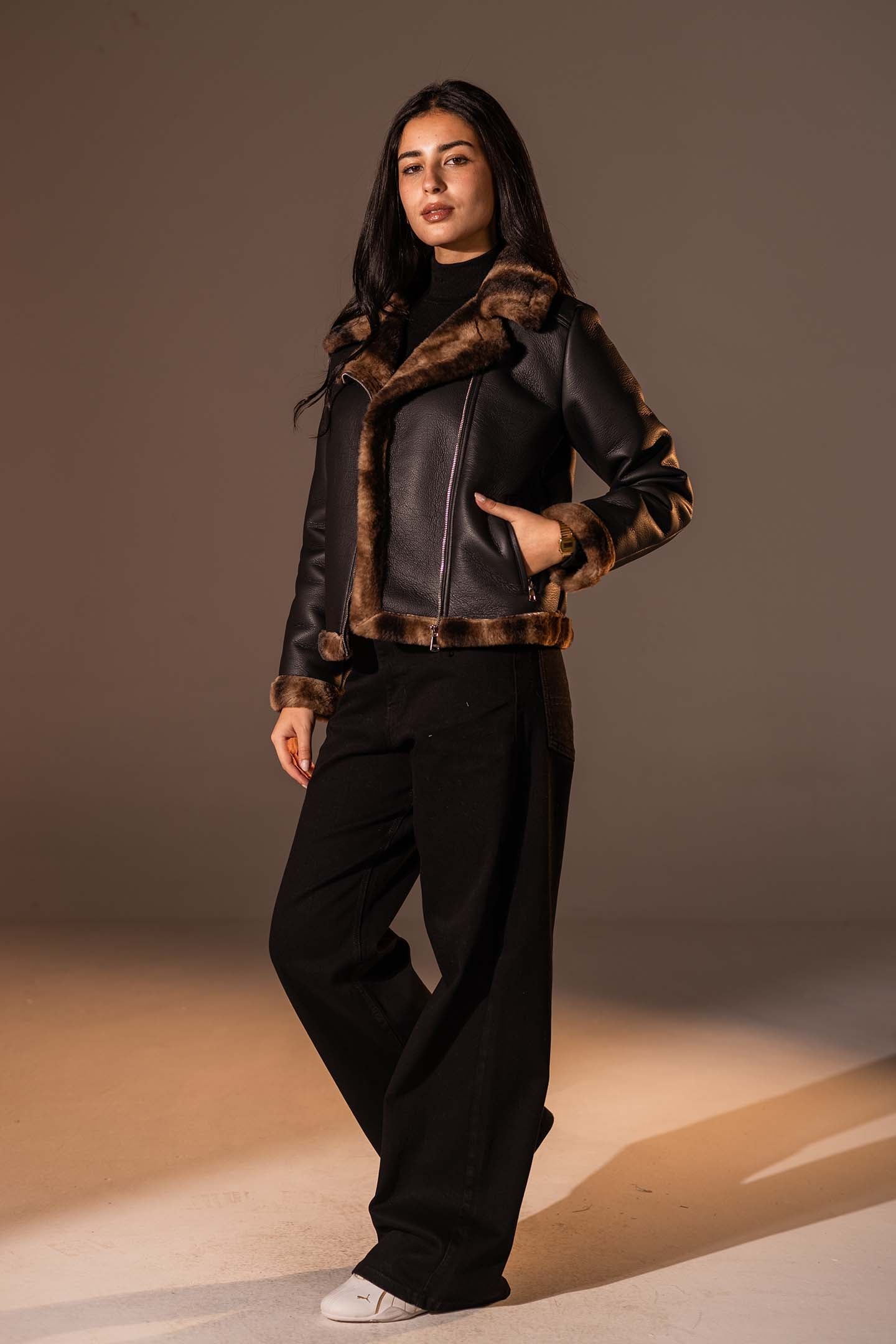 Black Biker Jacket with Leopard Collar & Cuffs