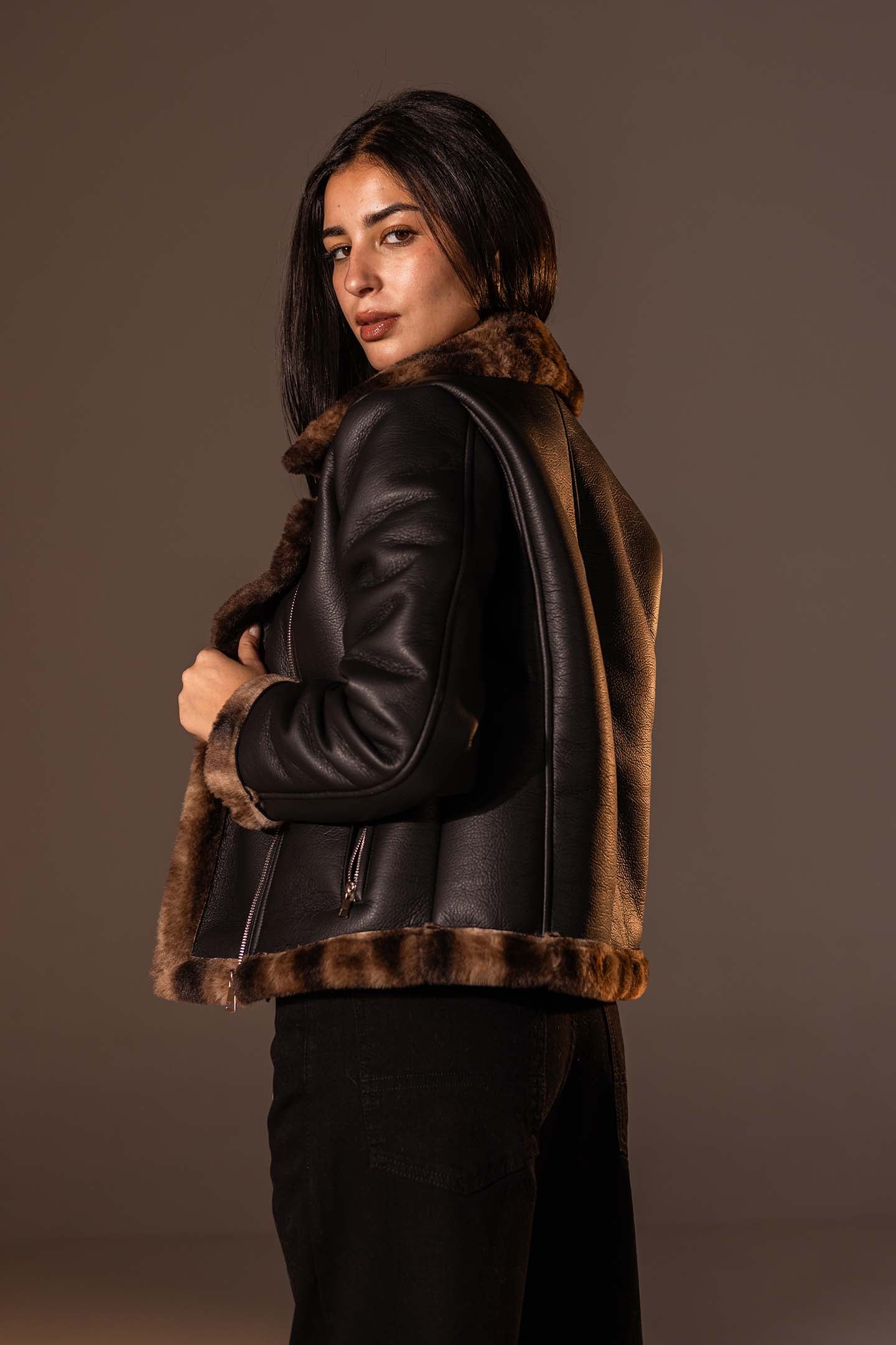 Black Biker Jacket with Leopard Collar & Cuffs