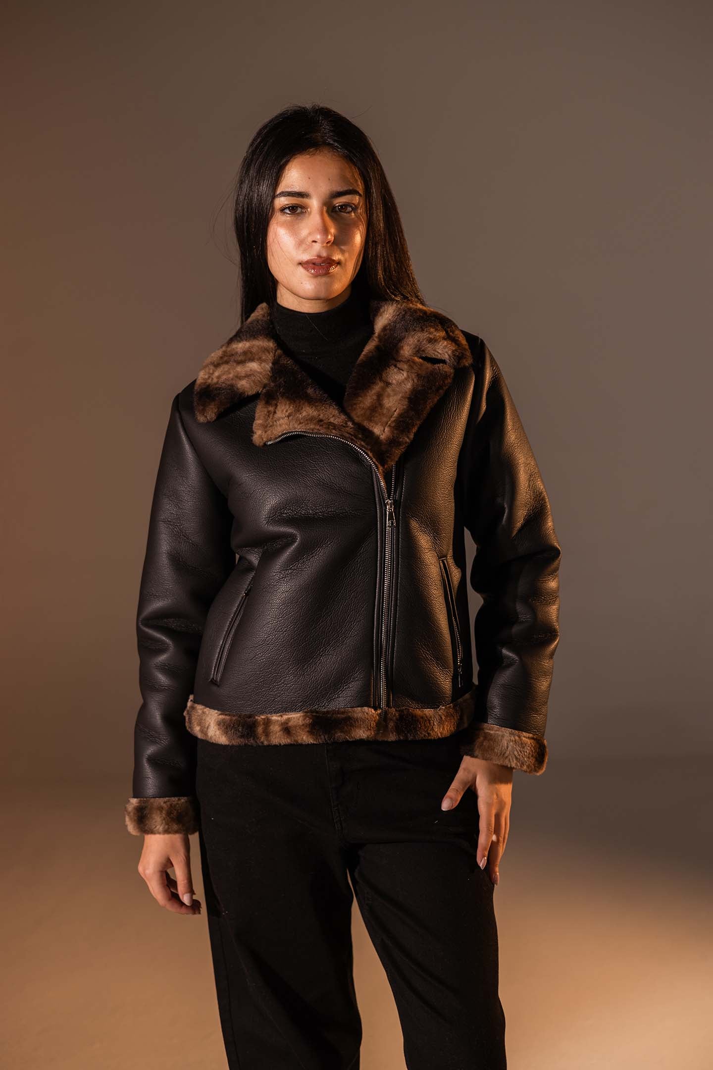 Black Biker Jacket with Leopard Collar & Cuffs