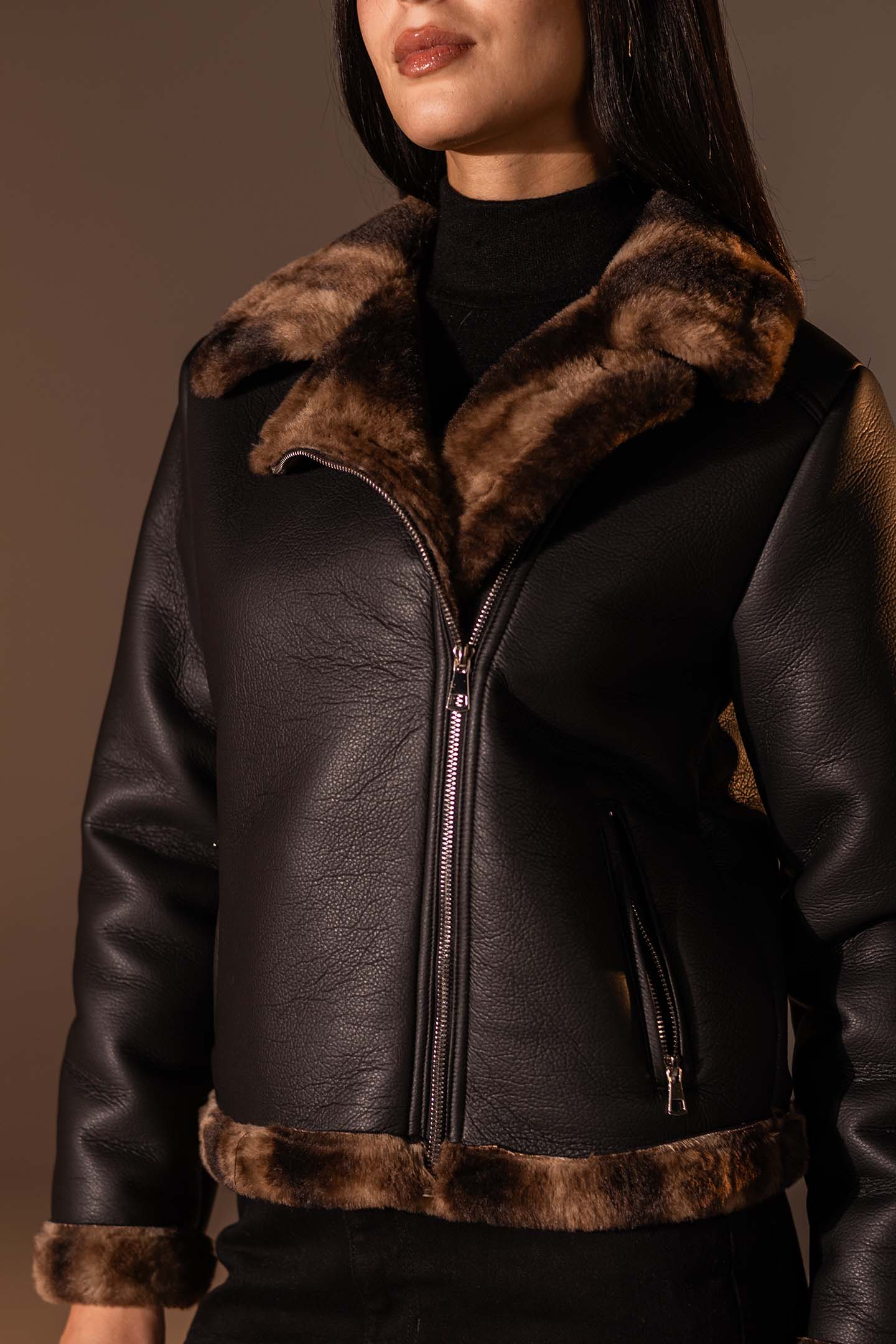 Black Biker Jacket with Leopard Collar & Cuffs