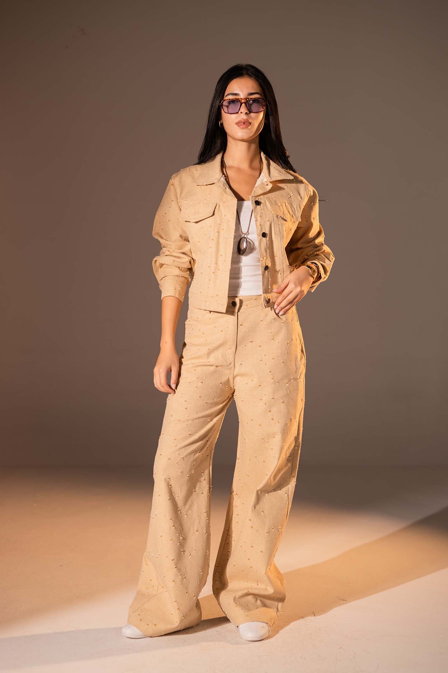 طقم دنيم مكوّن من قطعتين بلون الجملي