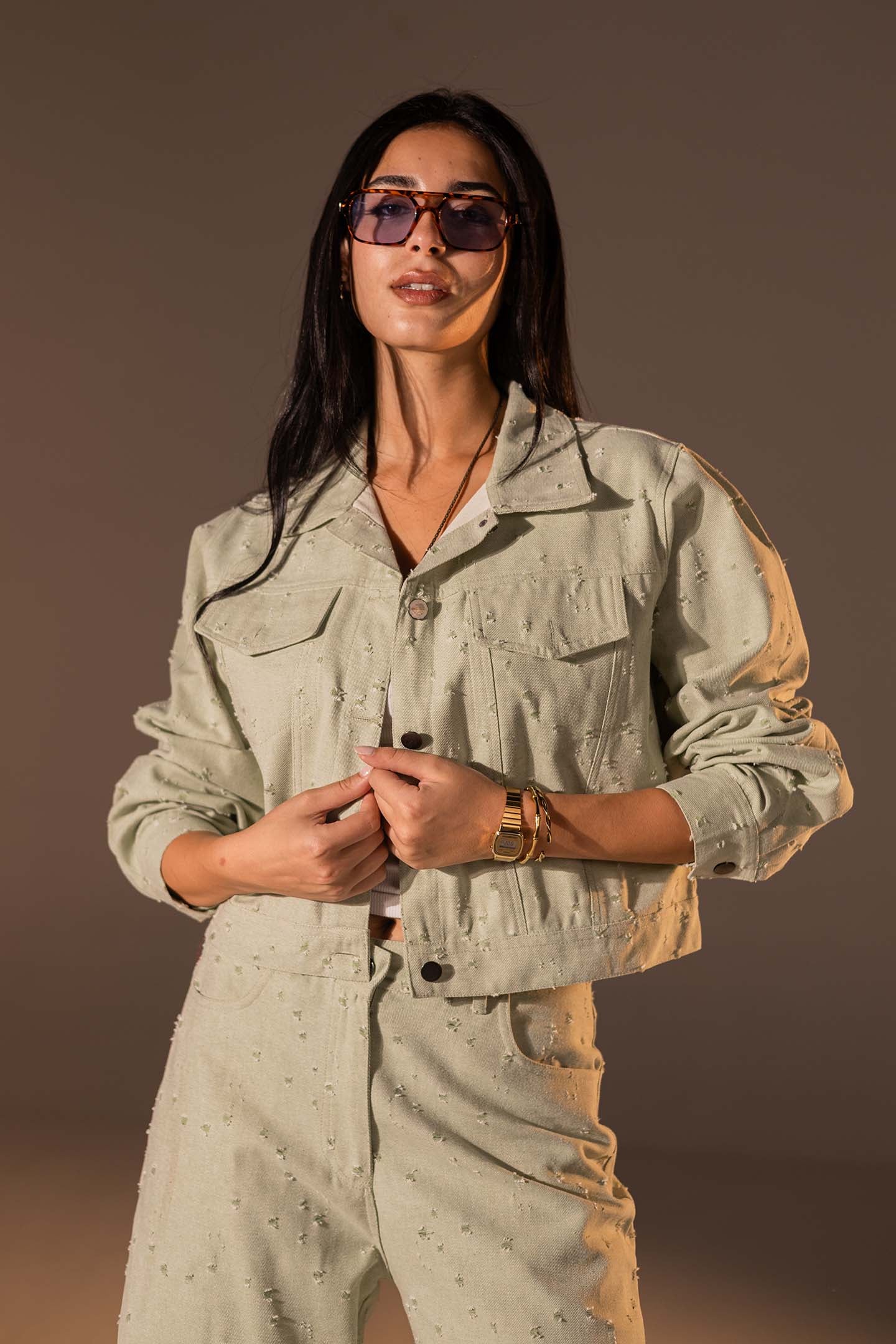 طقم دنيم مكوّن من قطعتين بلون الاخضر