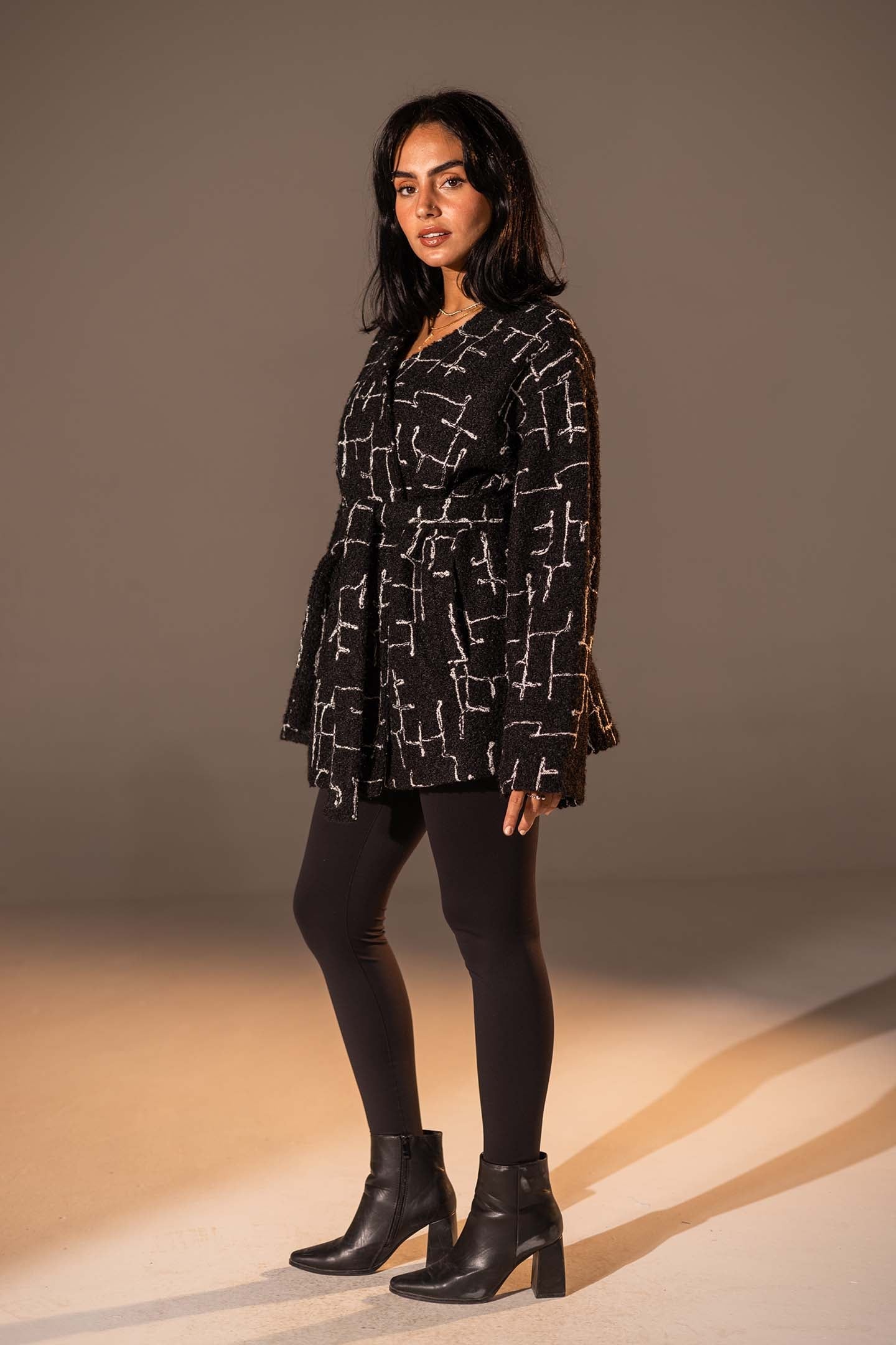 Black Tweed-Style Belted Jacket