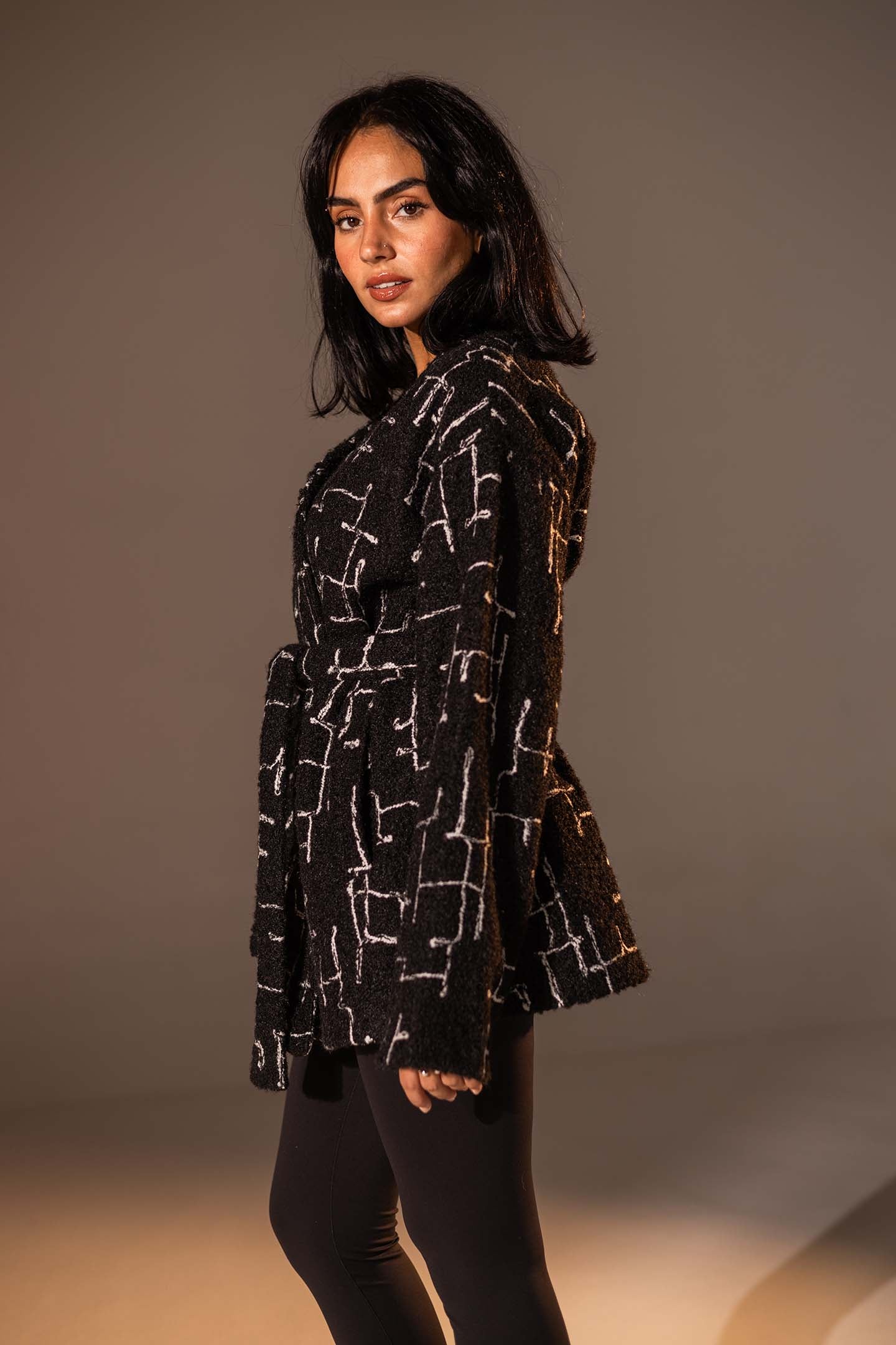 Black Tweed-Style Belted Jacket