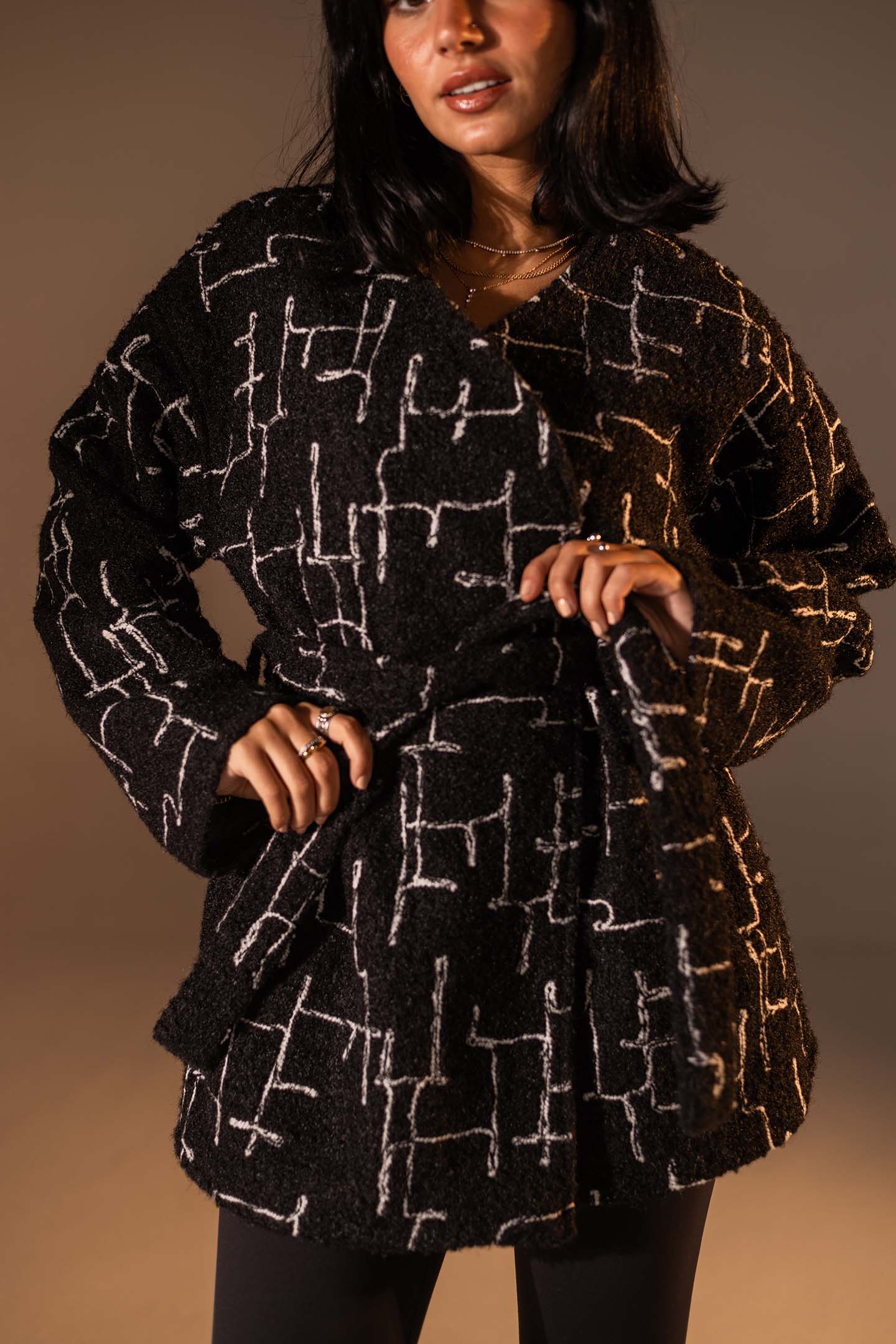 Black Tweed-Style Belted Jacket