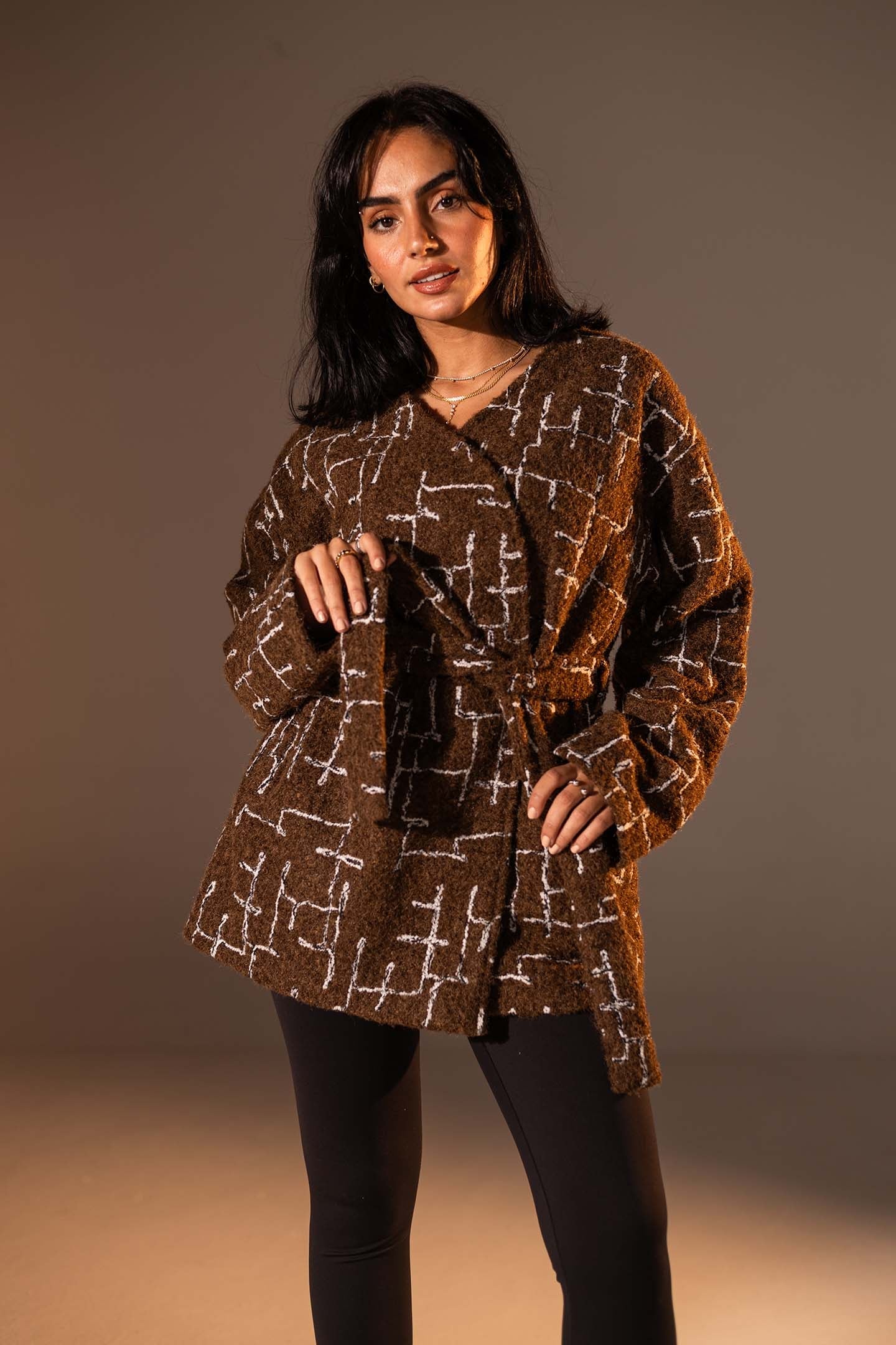 Brown Tweed-Style Belted Jacket