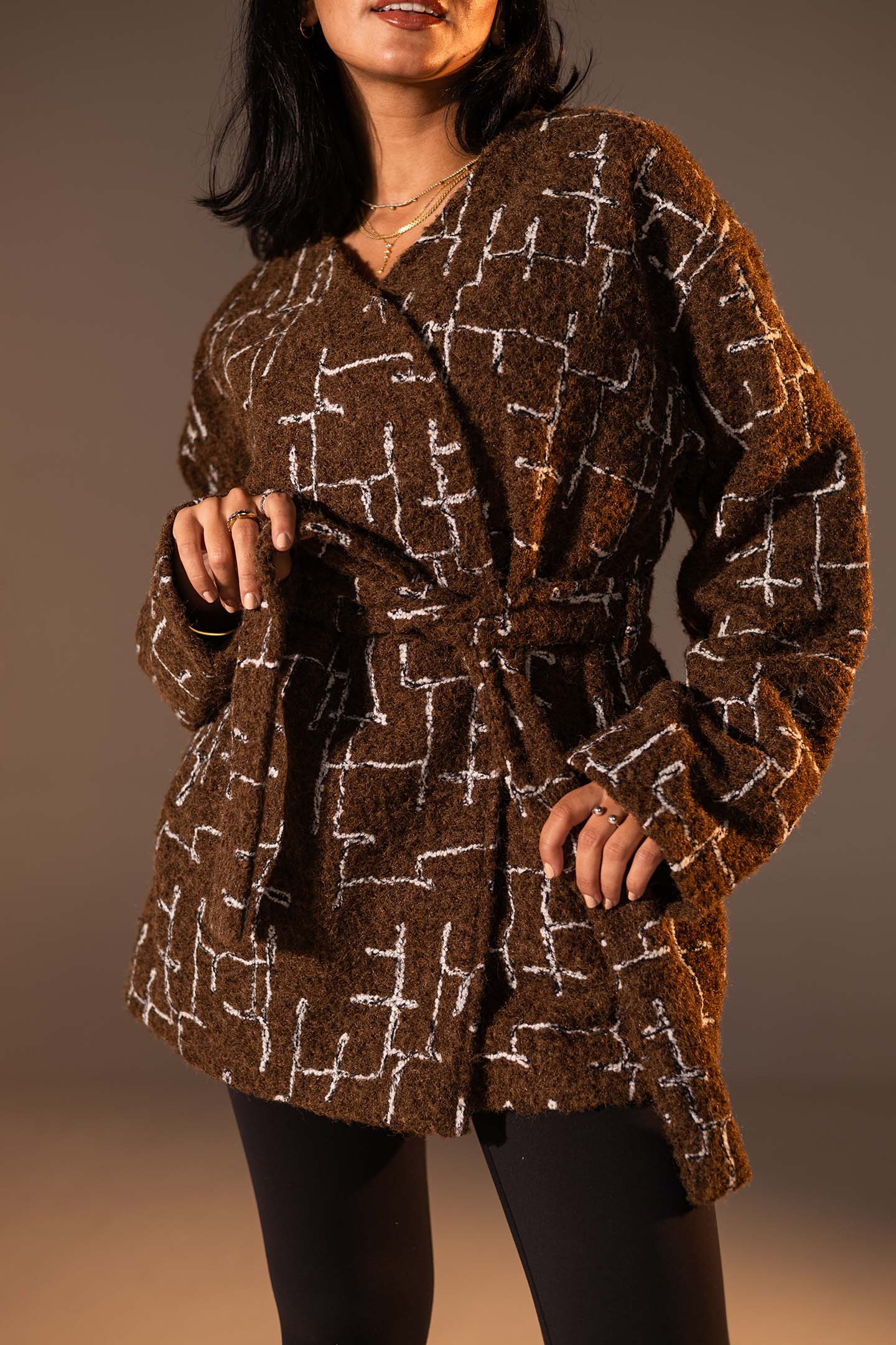 Brown Tweed-Style Belted Jacket