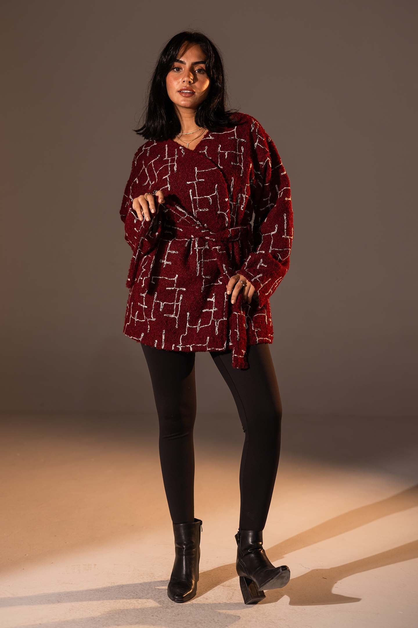 Burgundy Tweed-Style Belted Jacket