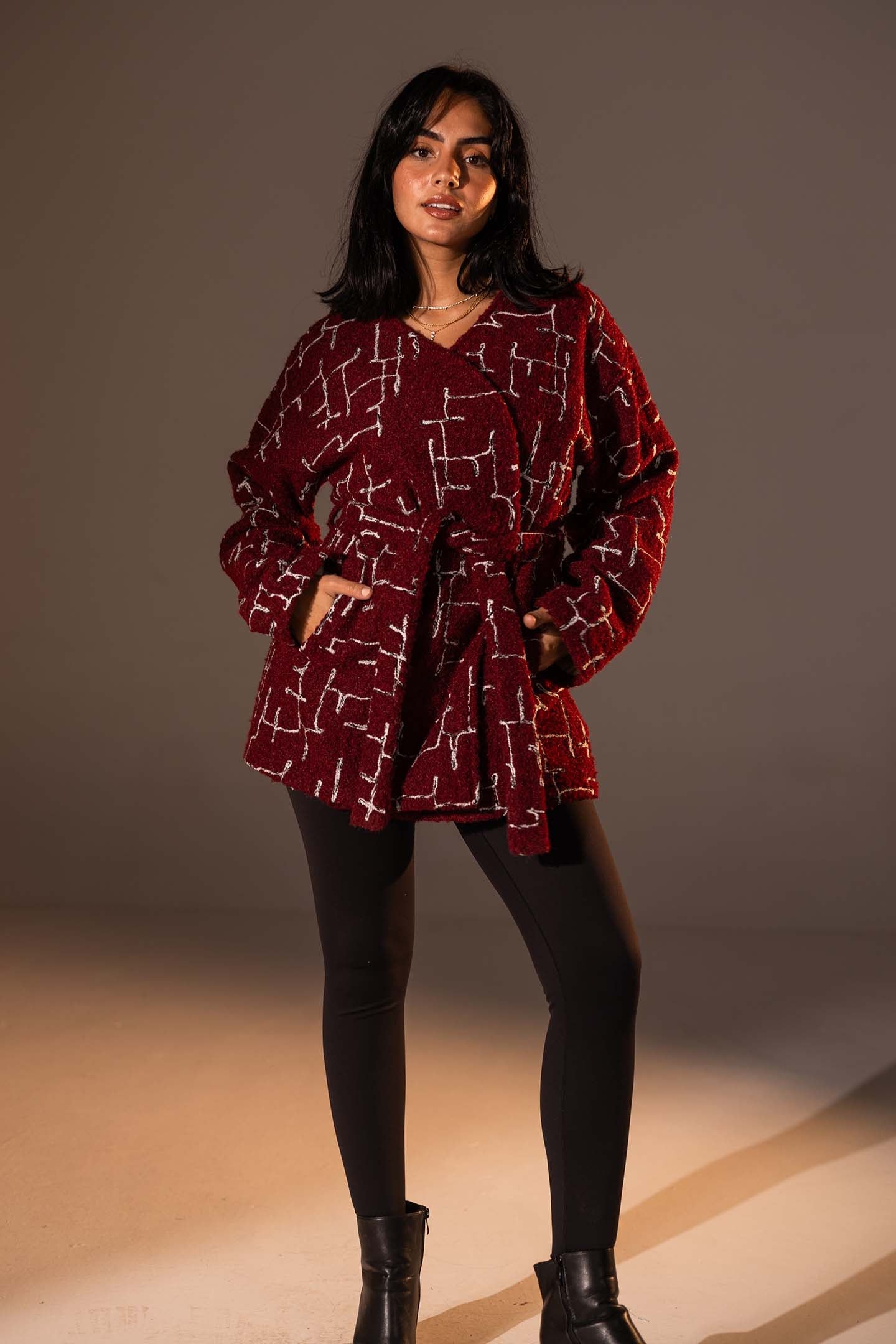 Burgundy Tweed-Style Belted Jacket