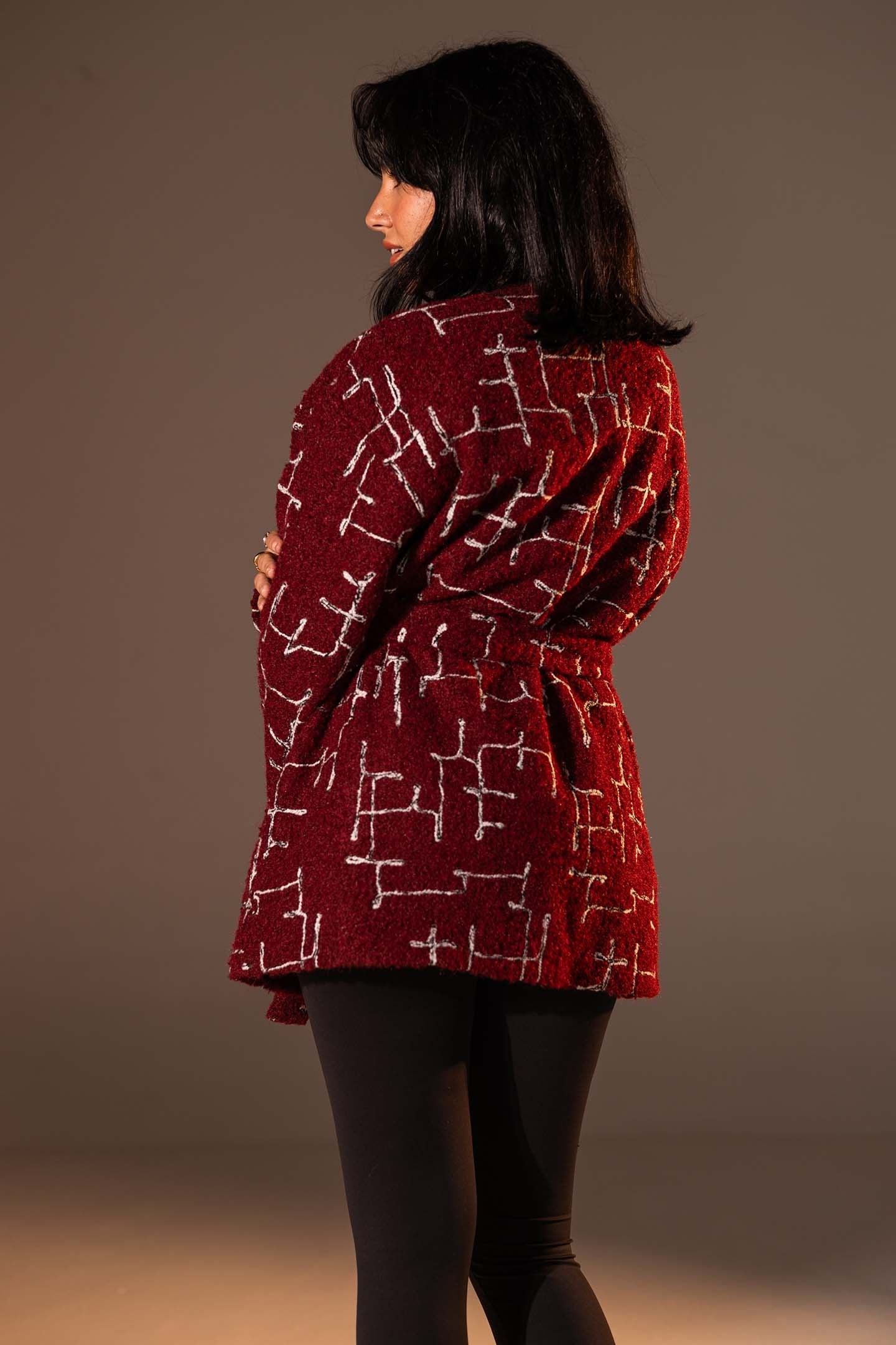 Burgundy Tweed-Style Belted Jacket