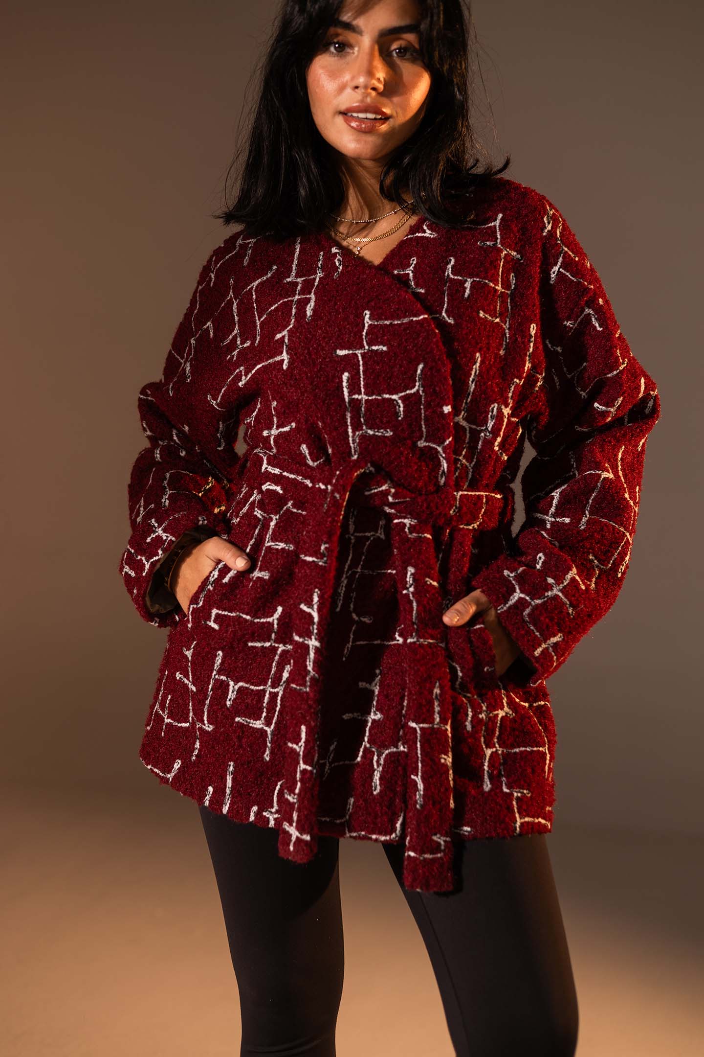 Burgundy Tweed-Style Belted Jacket