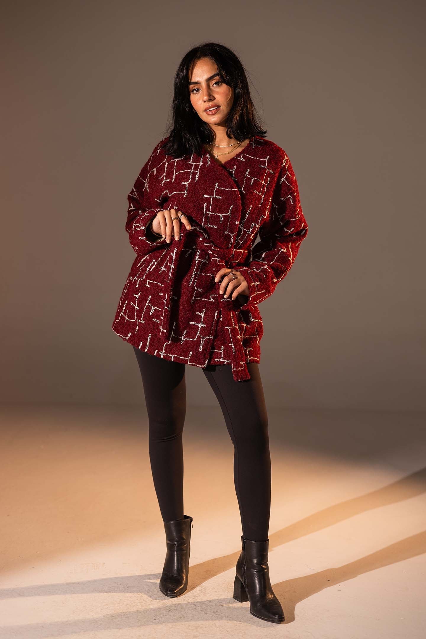 Burgundy Tweed-Style Belted Jacket