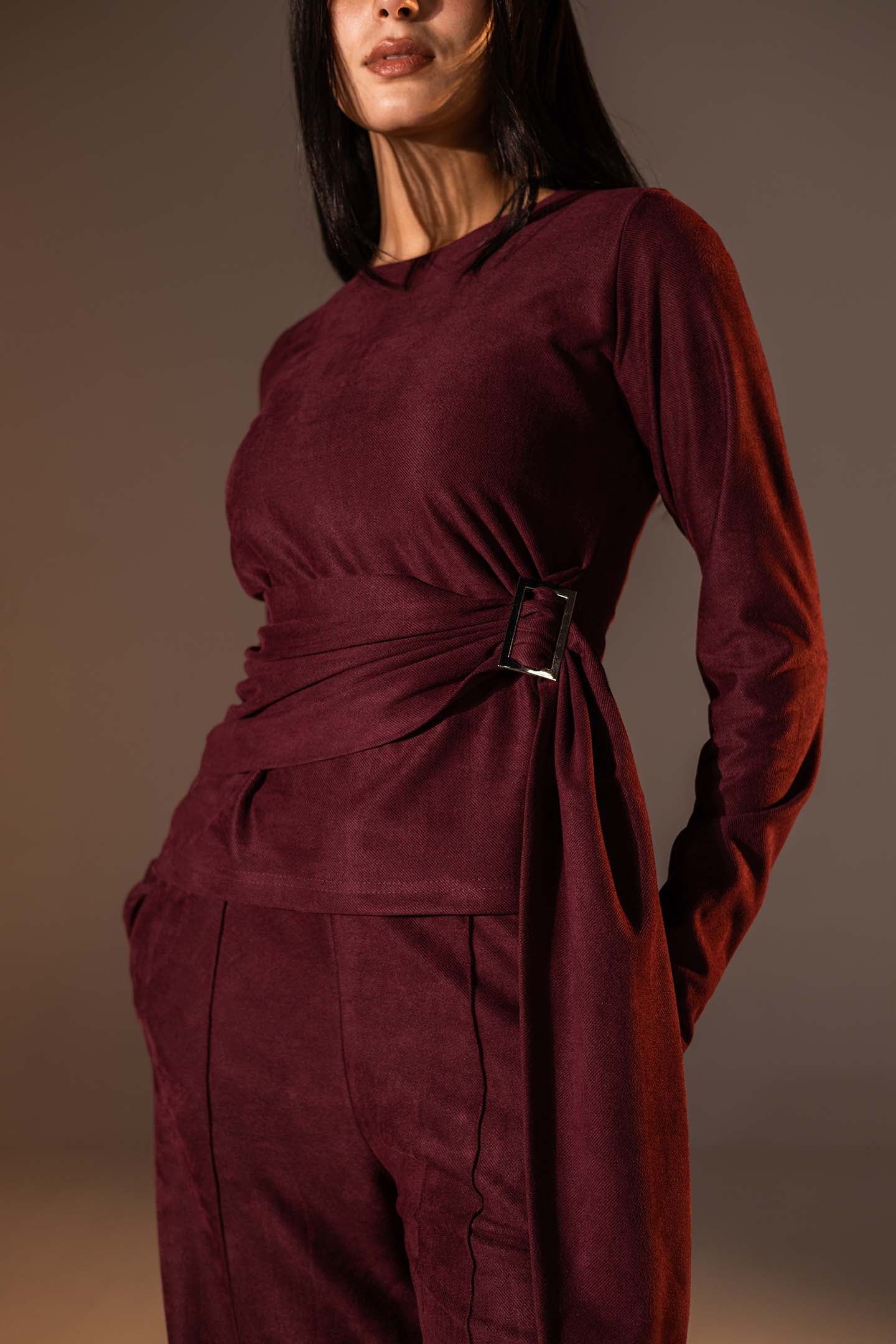 Burgundy Wrap Top with Side Buckle