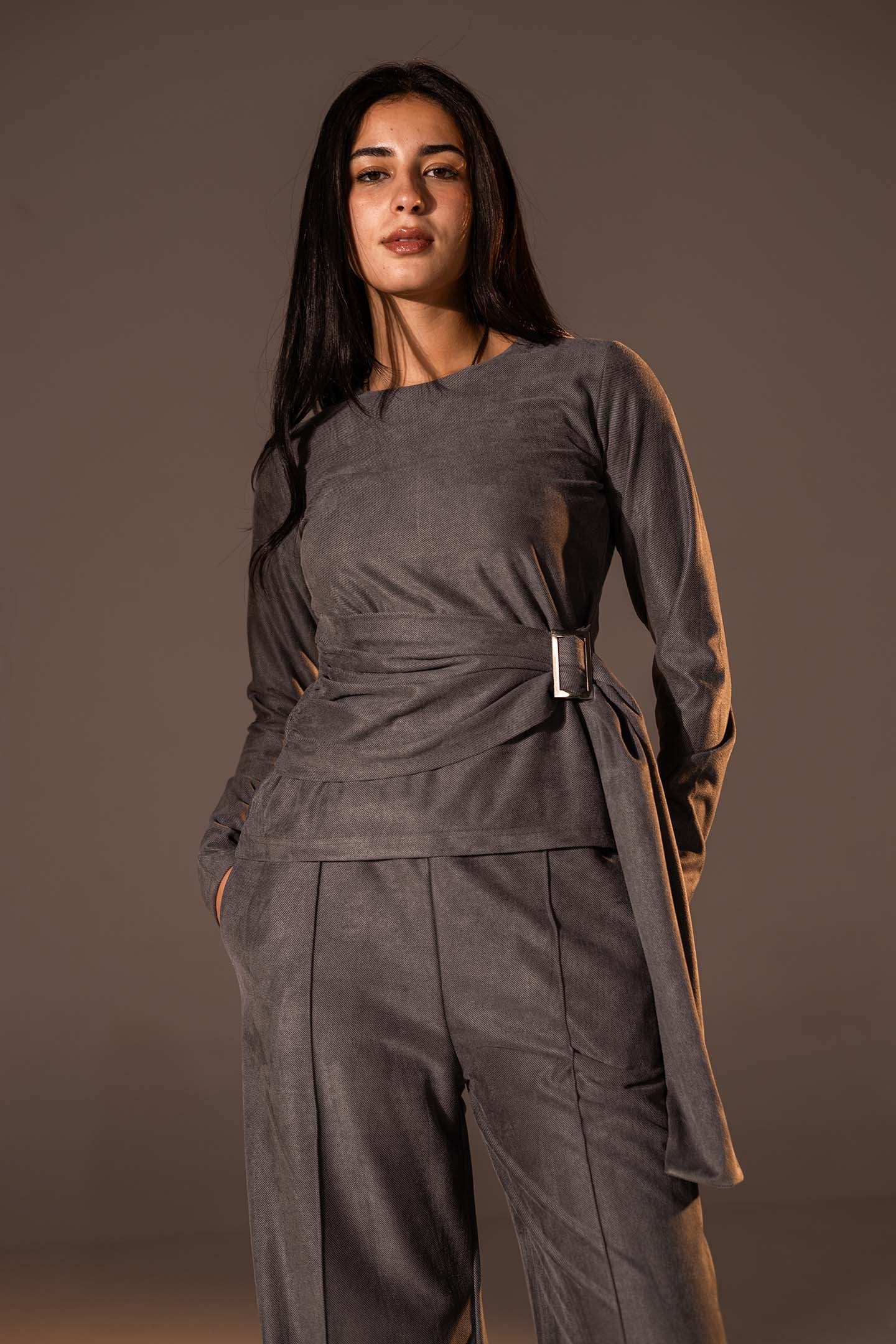 Grey Wrap Top with Side Buckle