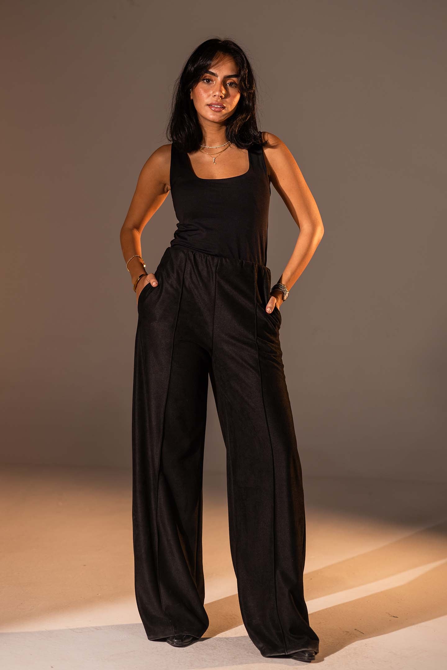 Black Wide-Leg Textured Pants