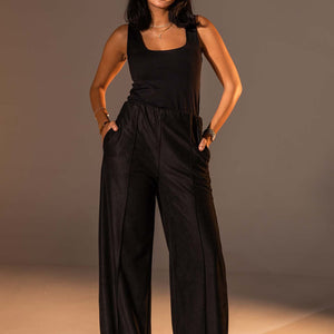 Black Wide-Leg Textured Pants