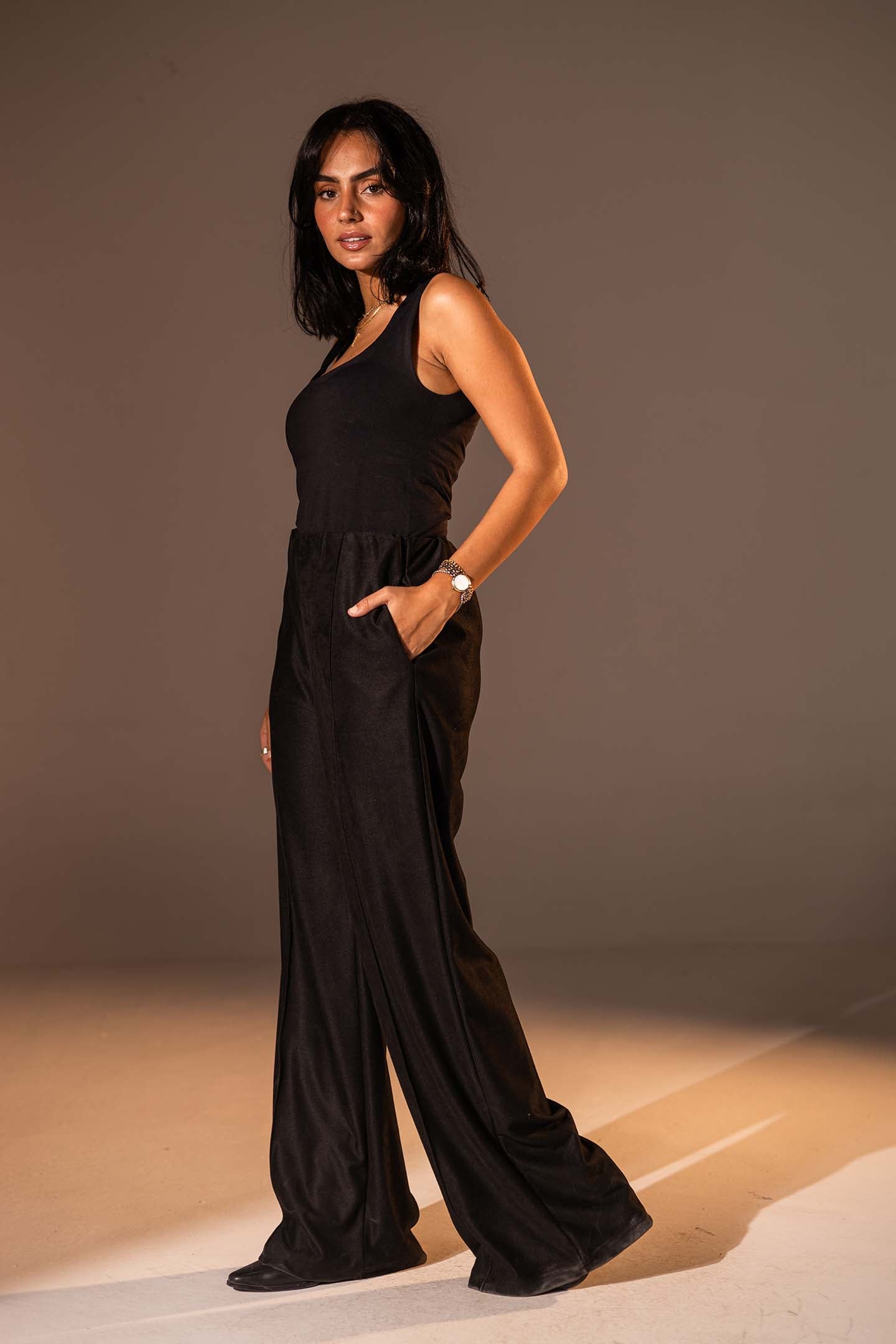 Black Wide-Leg Textured Pants