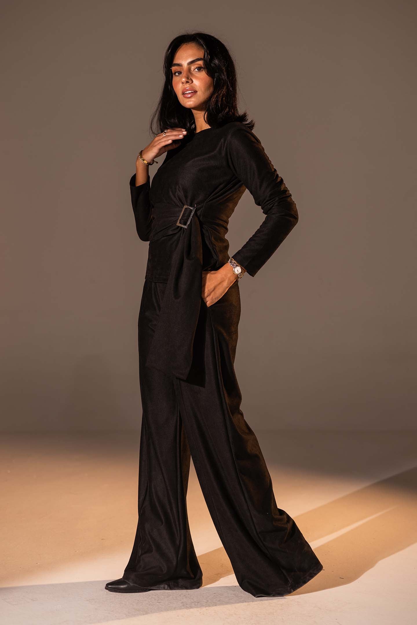 Black Wide-Leg Textured Pants