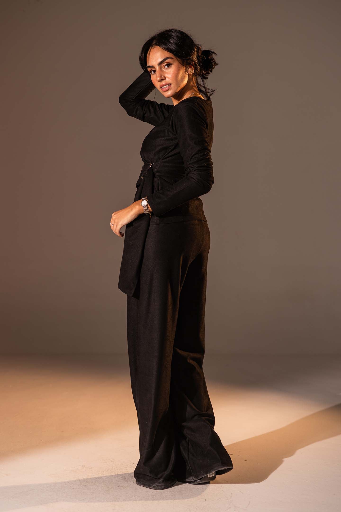 Black Wide-Leg Textured Pants