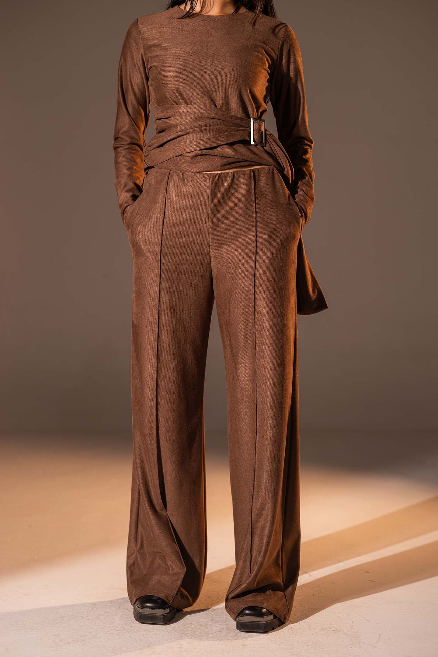 Brown Wide-Leg Textured Pants