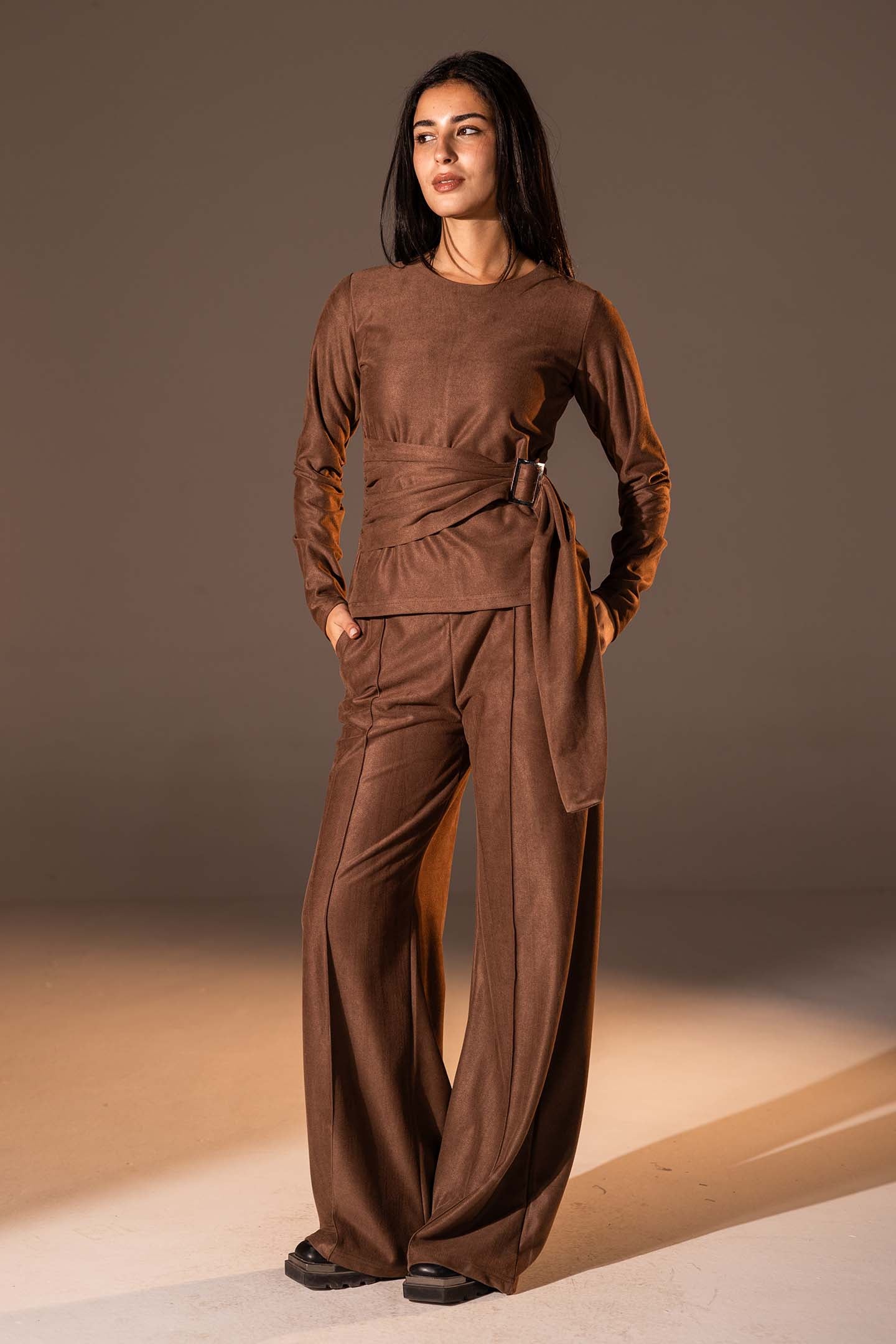 Brown Wide-Leg Textured Pants
