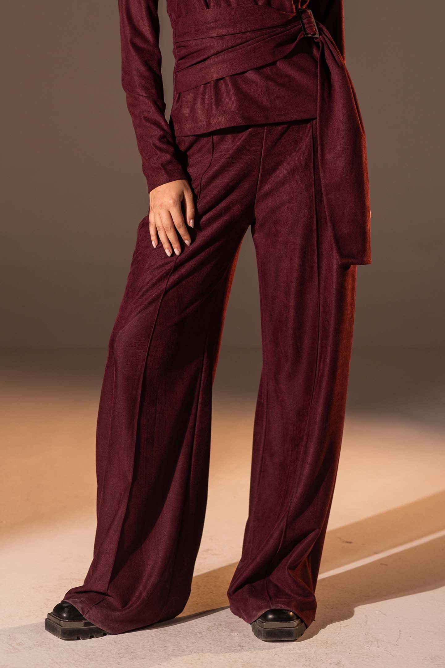 Burgundy Wide-Leg Textured Pants