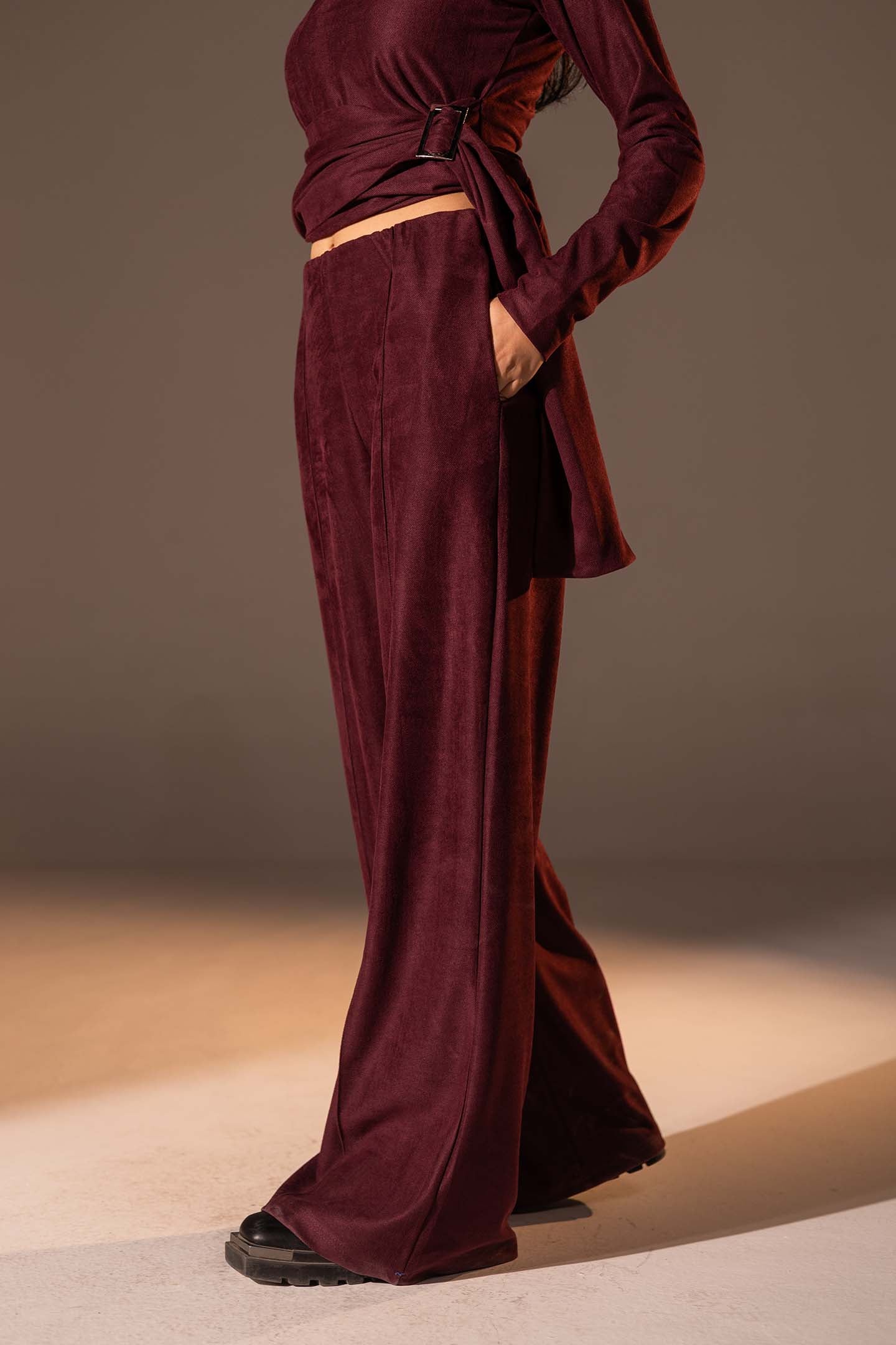 Burgundy Wide-Leg Textured Pants