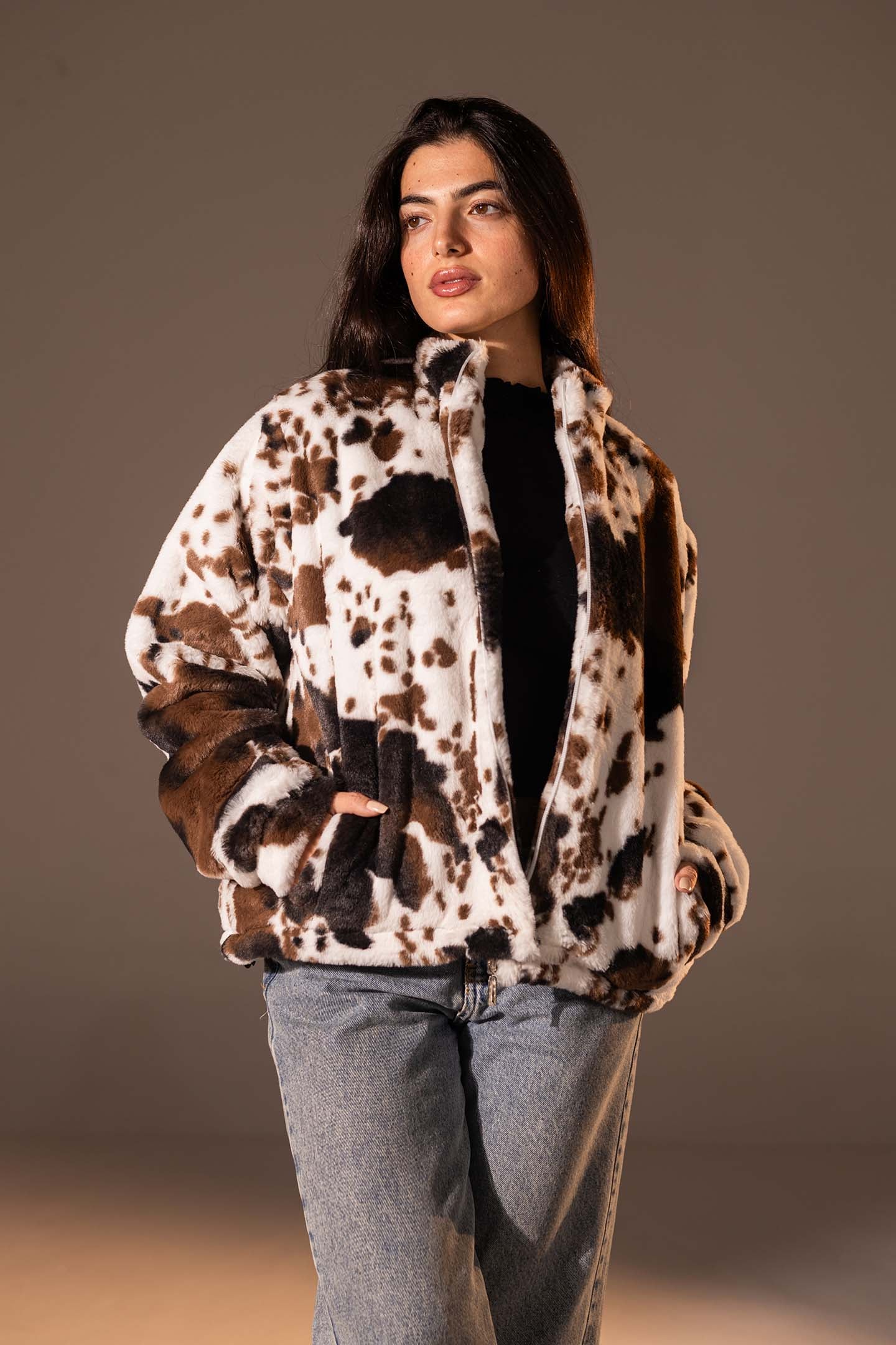 White Animal Print Plush Jacket