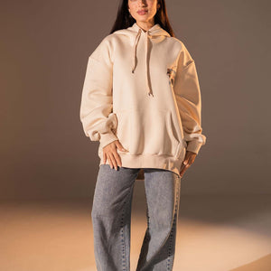 هودي واسع بطبعة تصميم بلون بيج