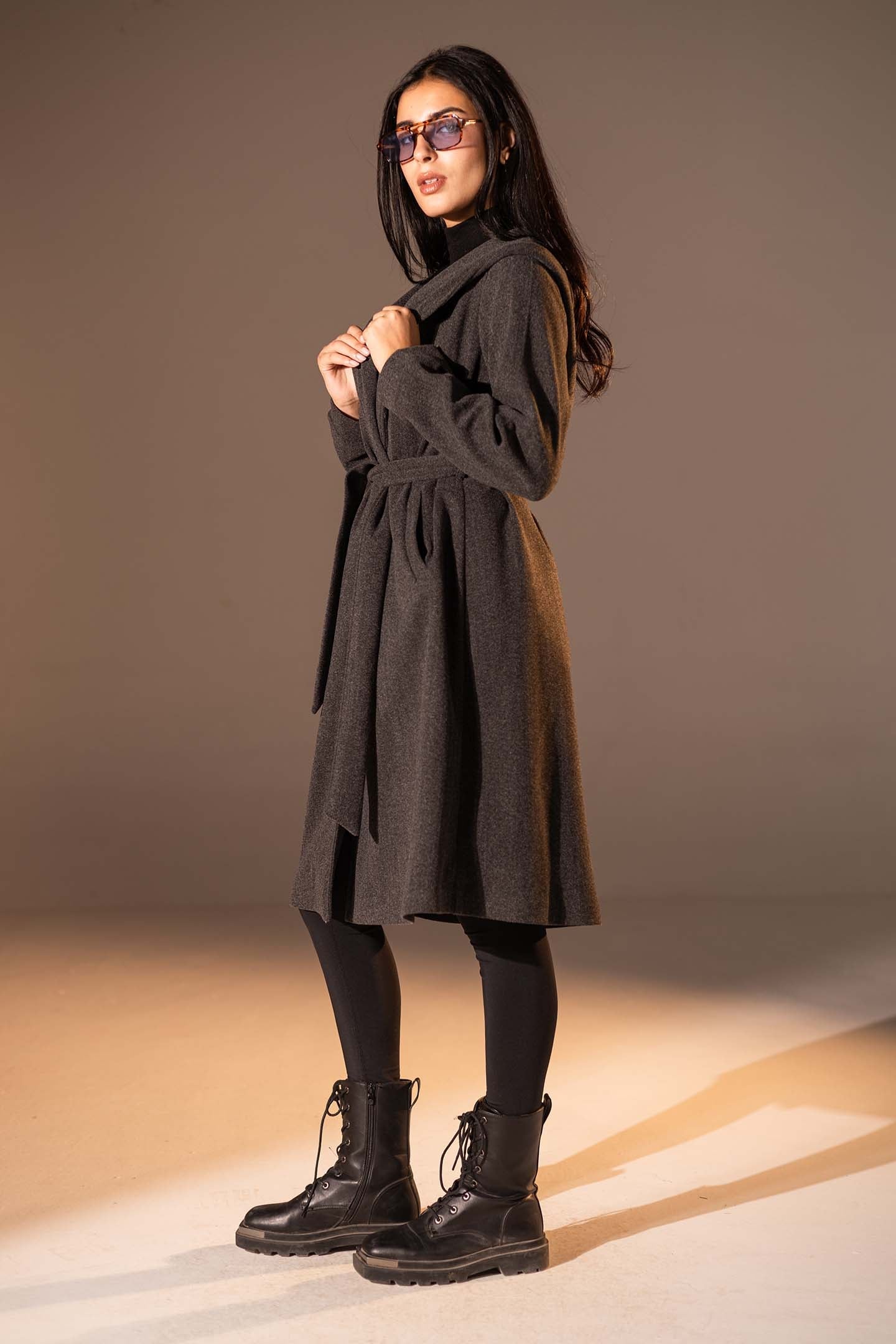 Dark Grey Belted Wool Coat