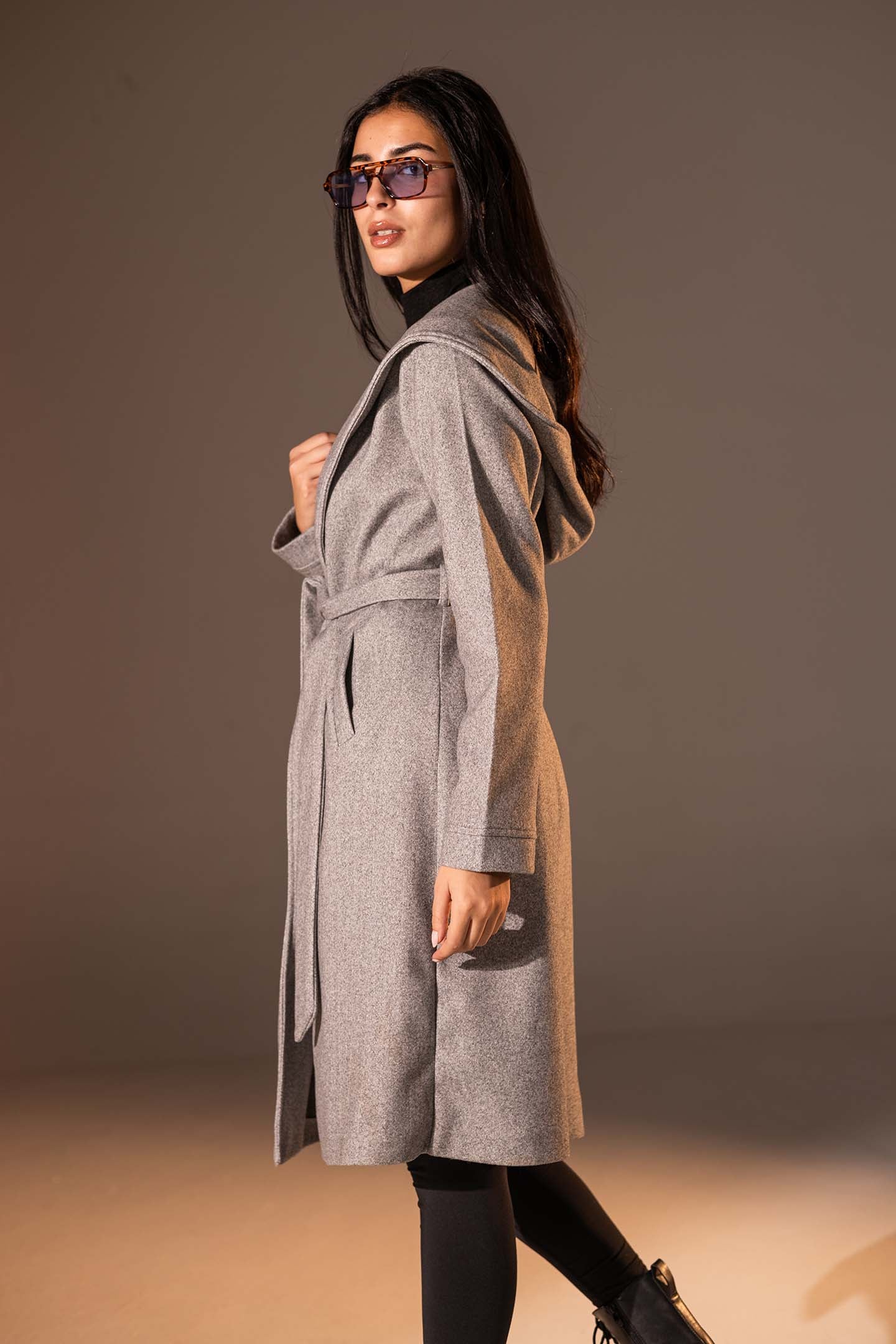 Grey Belted Wool Coat
