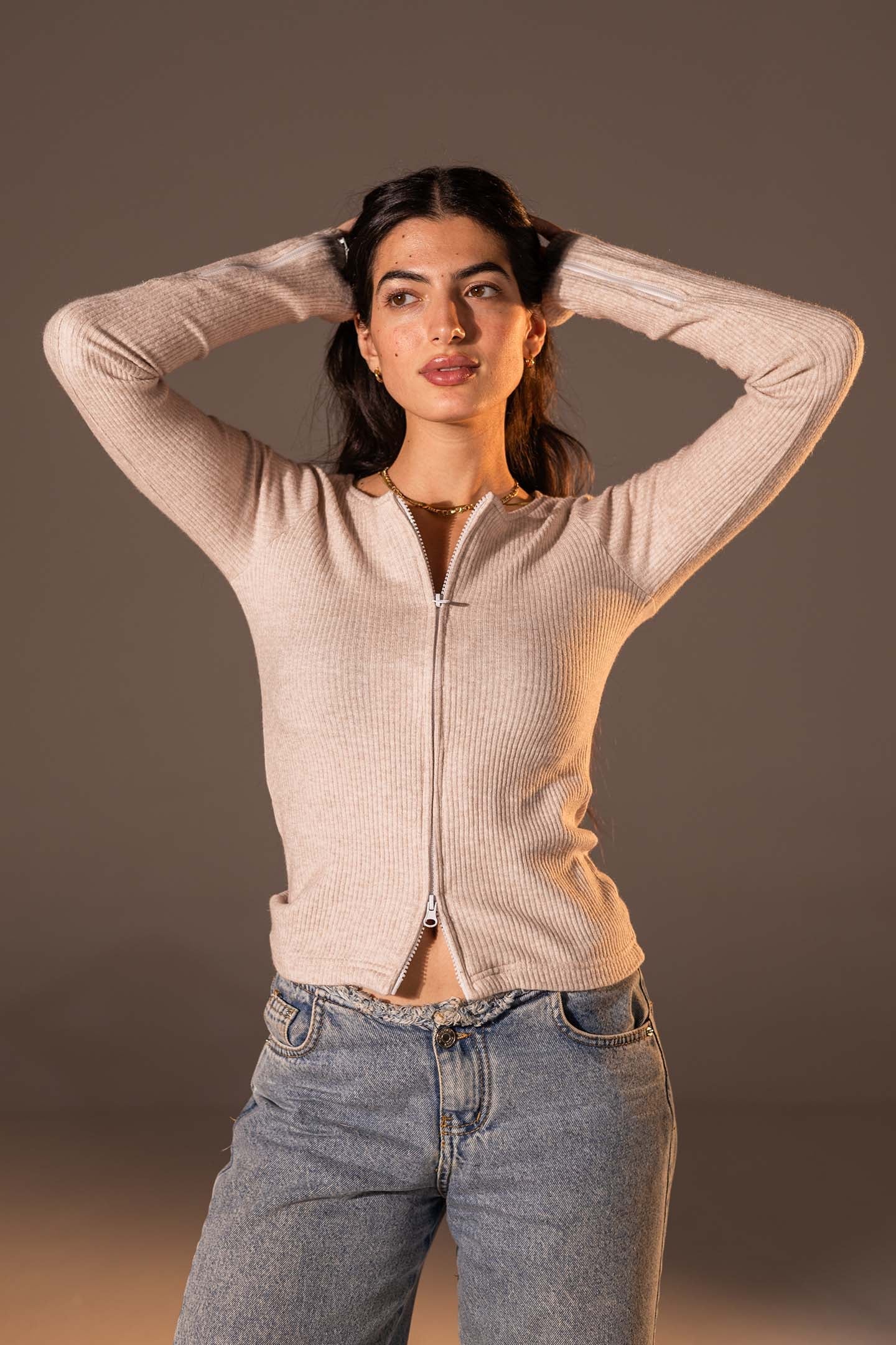 Beige Slim Fit Zip Knit Top