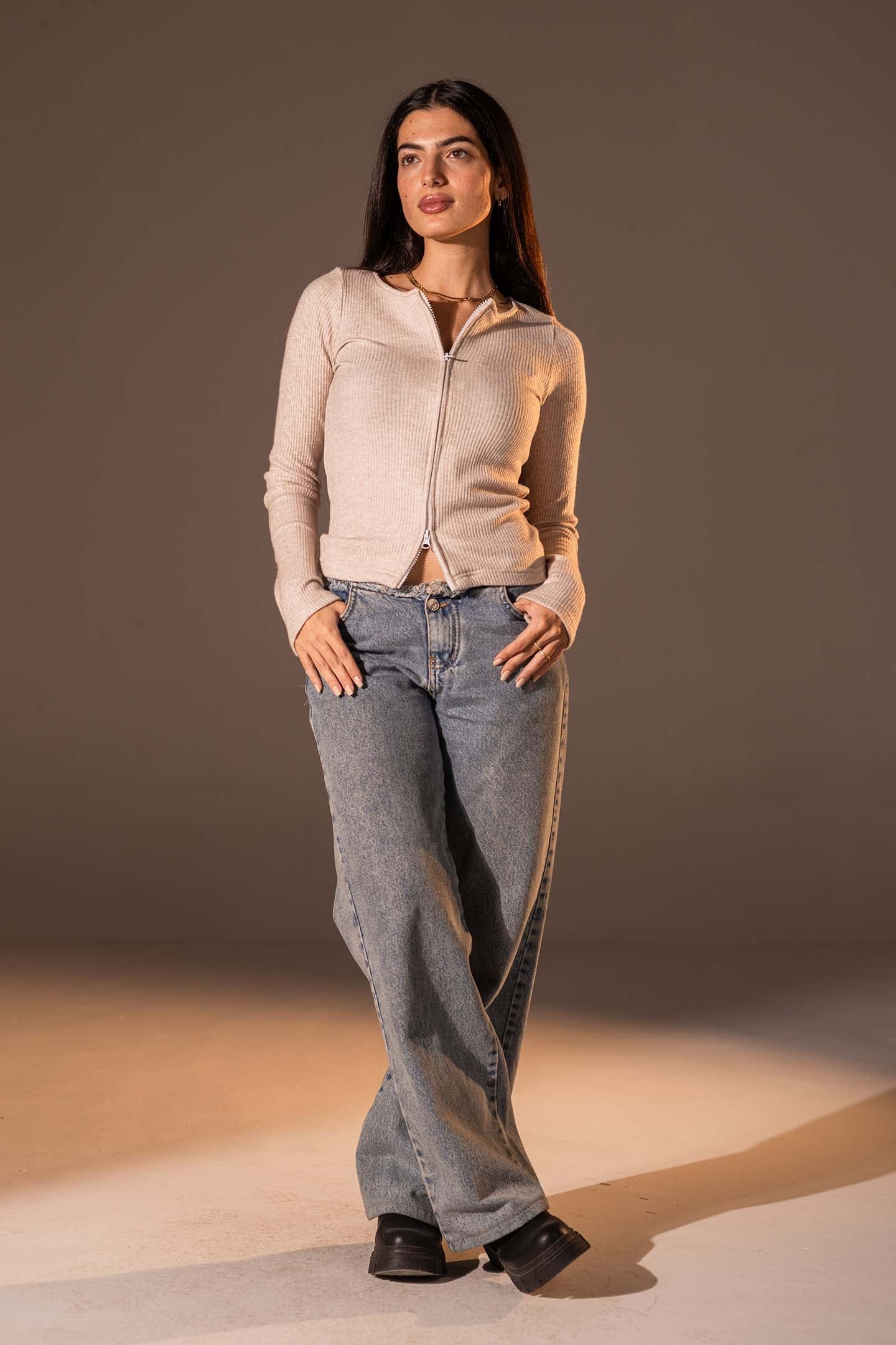 Beige Slim Fit Zip Knit Top