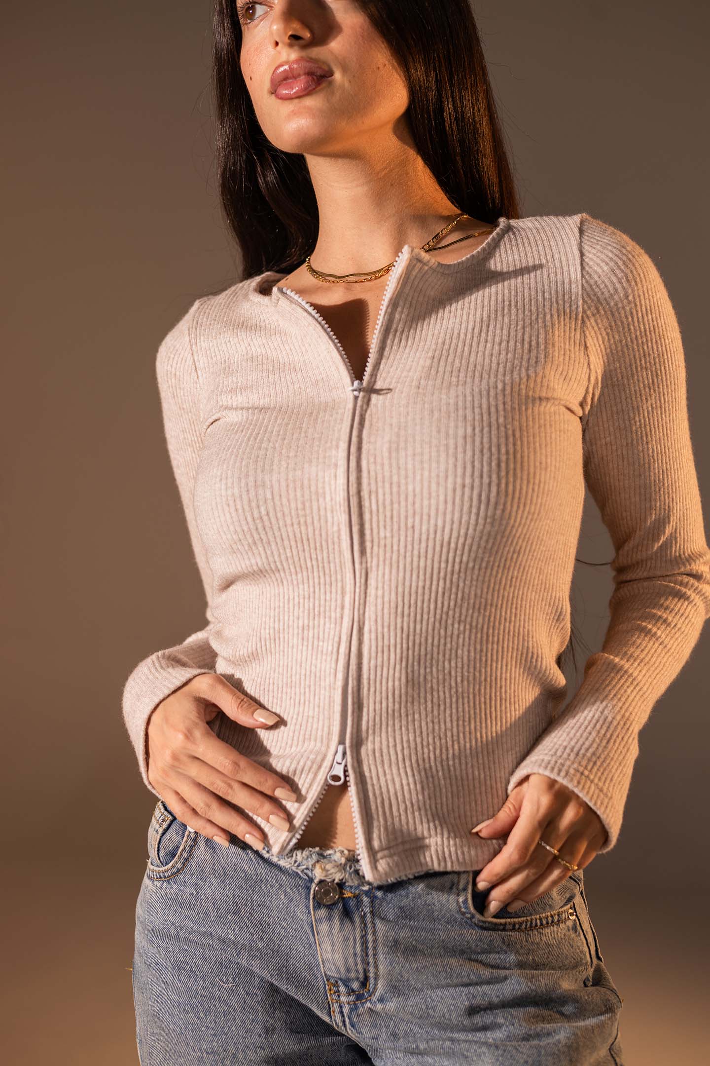 Beige Slim Fit Zip Knit Top