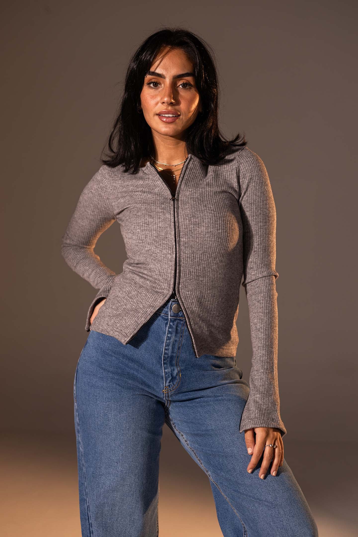 Grey Slim Fit Zip Knit Top