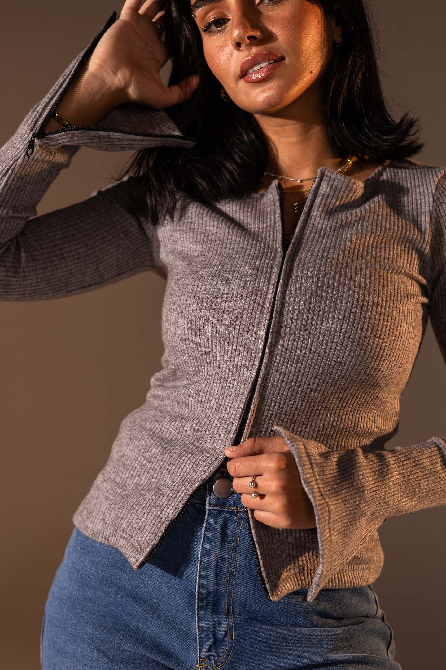 Grey Slim Fit Zip Knit Top