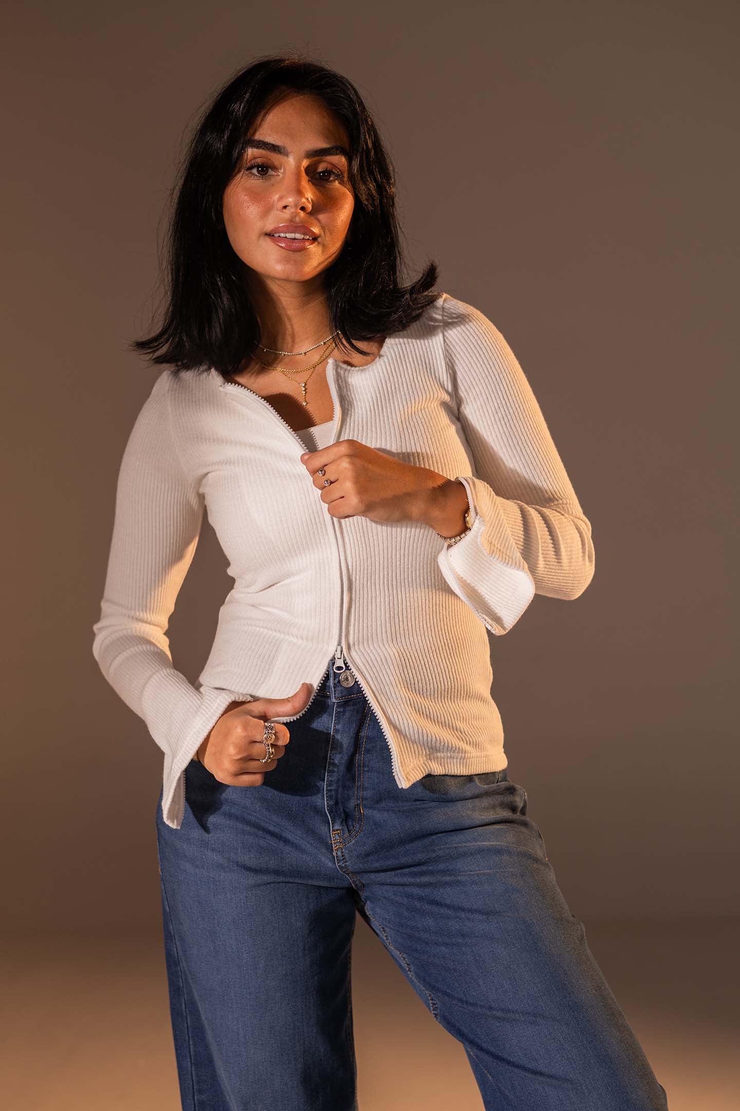 White Slim Fit Zip Knit Top