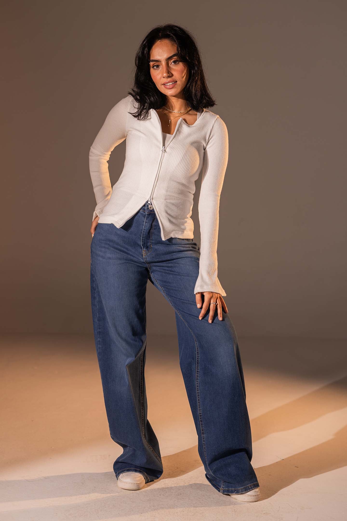 White Slim Fit Zip Knit Top